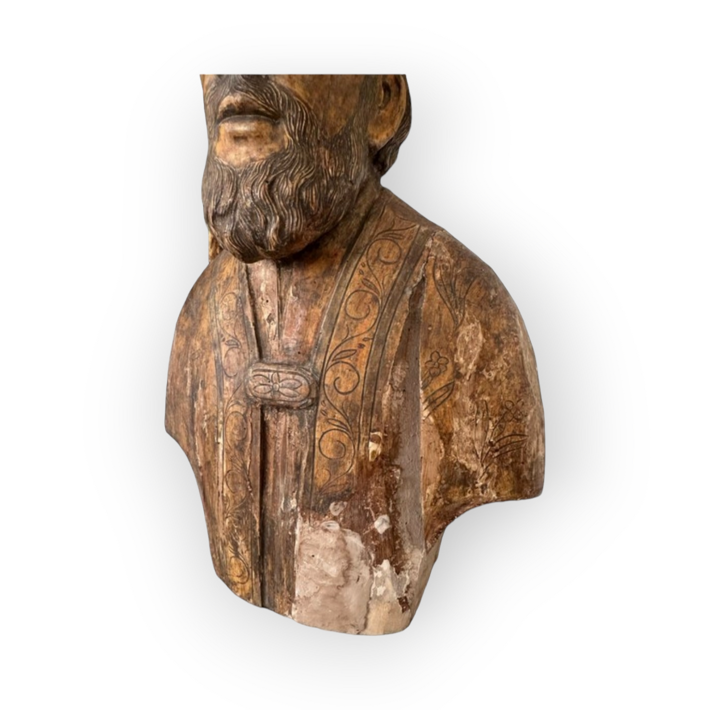 Life-size Early 17thC Italian Antique Carved Wooden Bust / Sculpture of a Bishop Saint