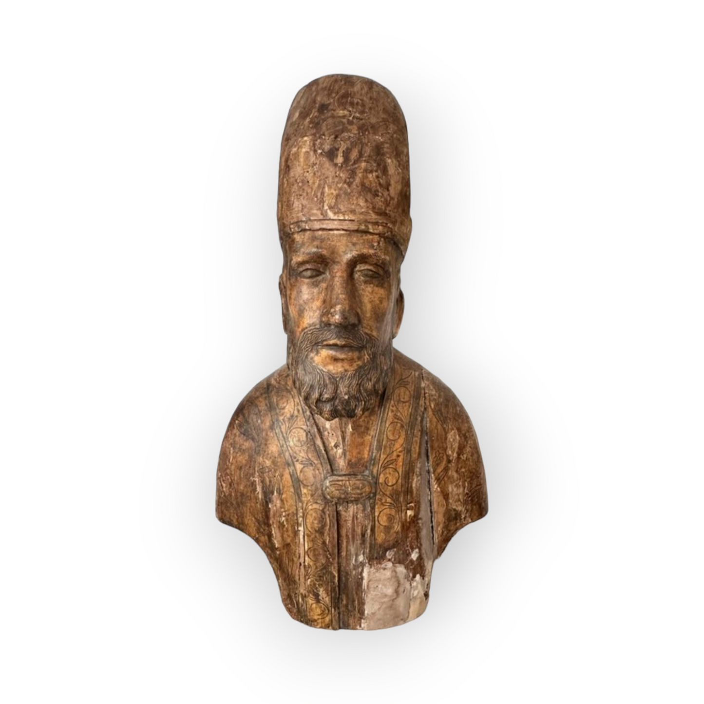 Life-size Early 17thC Italian Antique Carved Wooden Bust / Sculpture of a Bishop Saint