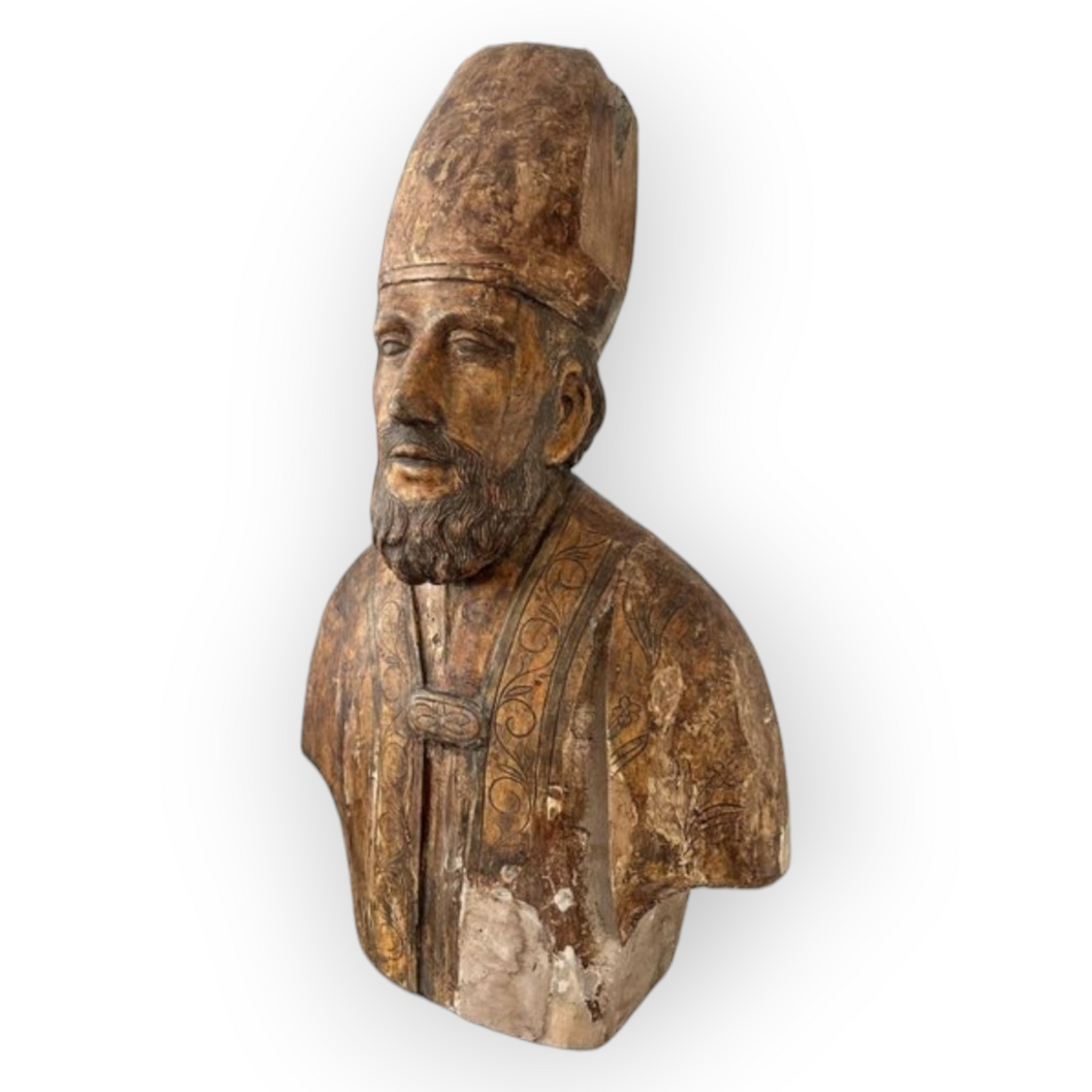 Life-size Early 17thC Italian Antique Carved Wooden Bust / Sculpture of a Bishop Saint