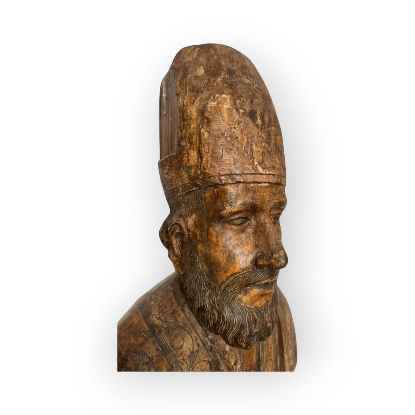 Life-size Early 17thC Italian Antique Carved Wooden Bust / Sculpture of a Bishop Saint