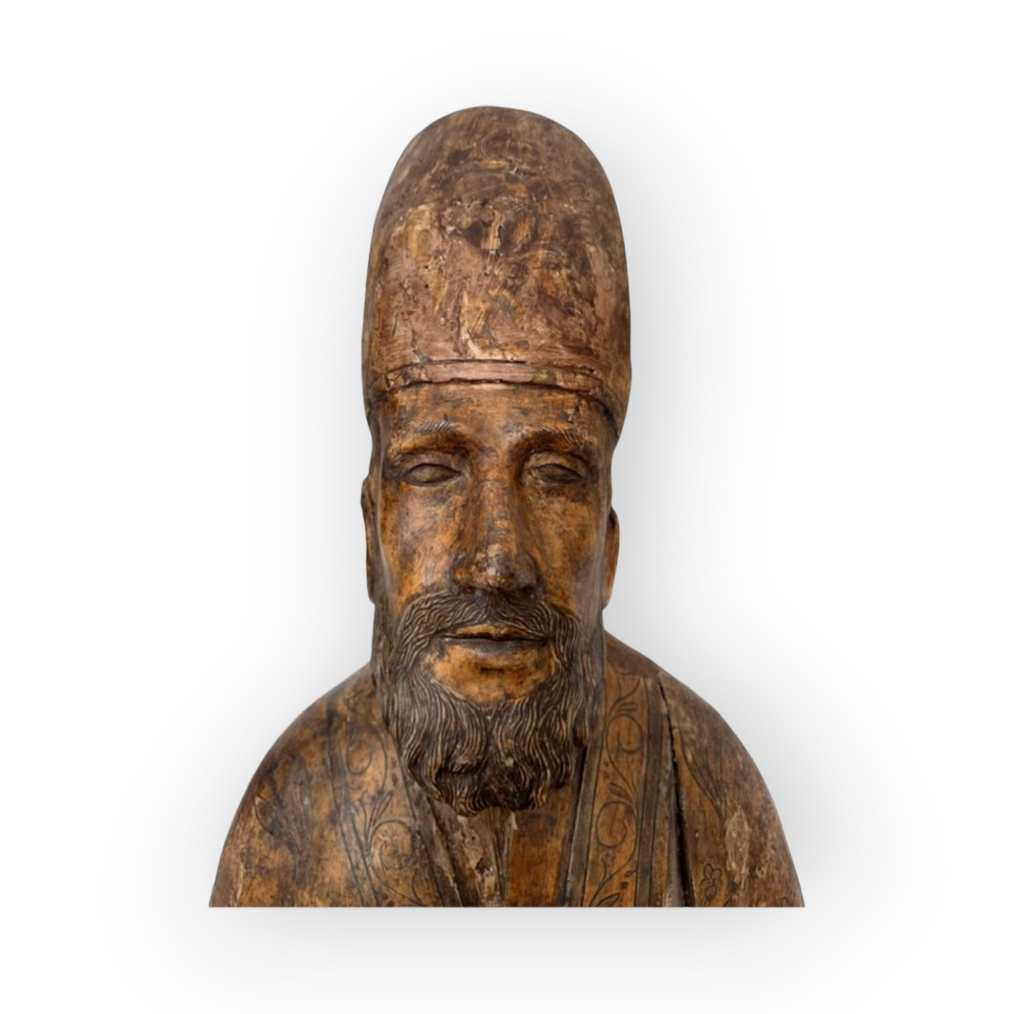 Life-size Early 17thC Italian Antique Carved Wooden Bust / Sculpture of a Bishop Saint