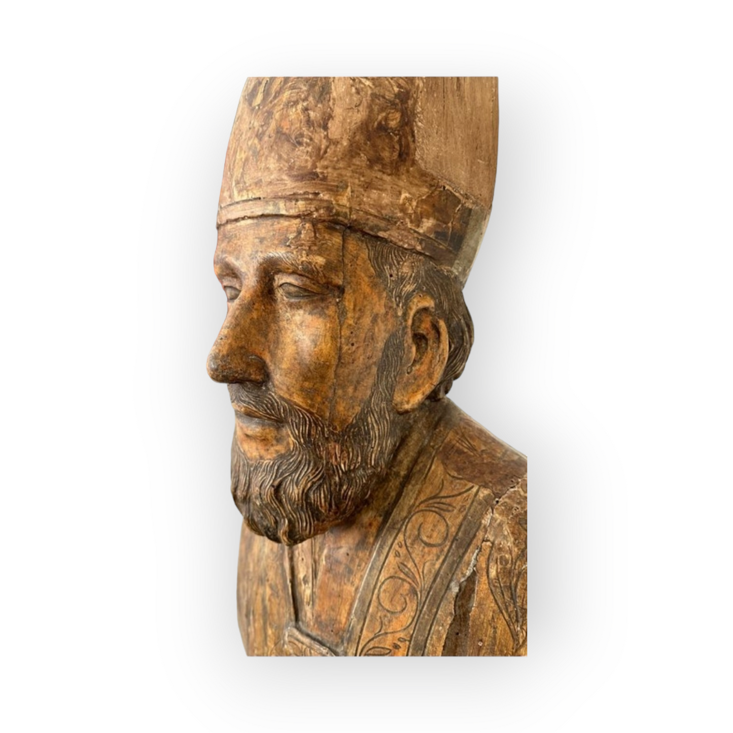 Life-size Early 17thC Italian Antique Carved Wooden Bust / Sculpture of a Bishop Saint