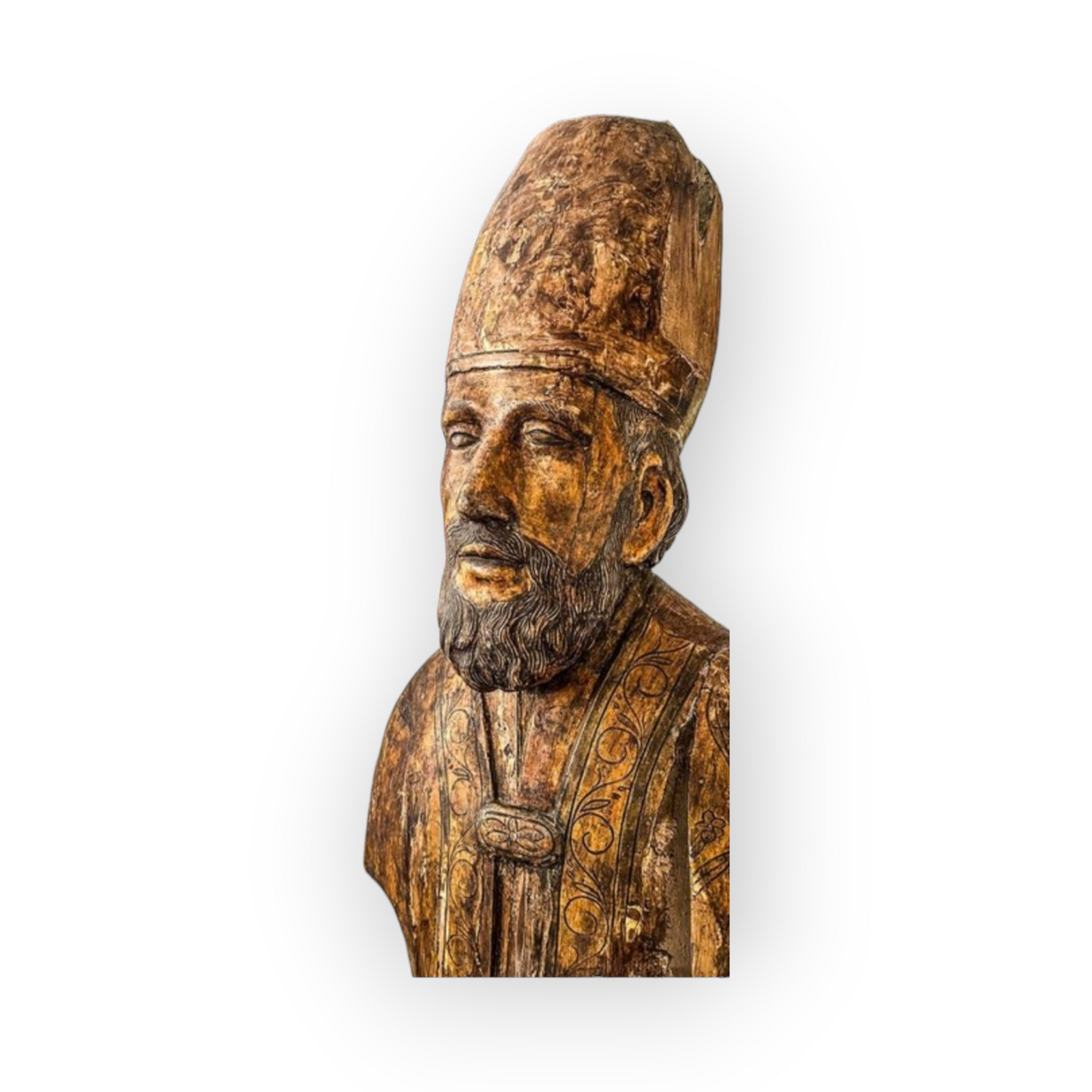 Life-size Early 17thC Italian Antique Carved Wooden Bust / Sculpture of a Bishop Saint