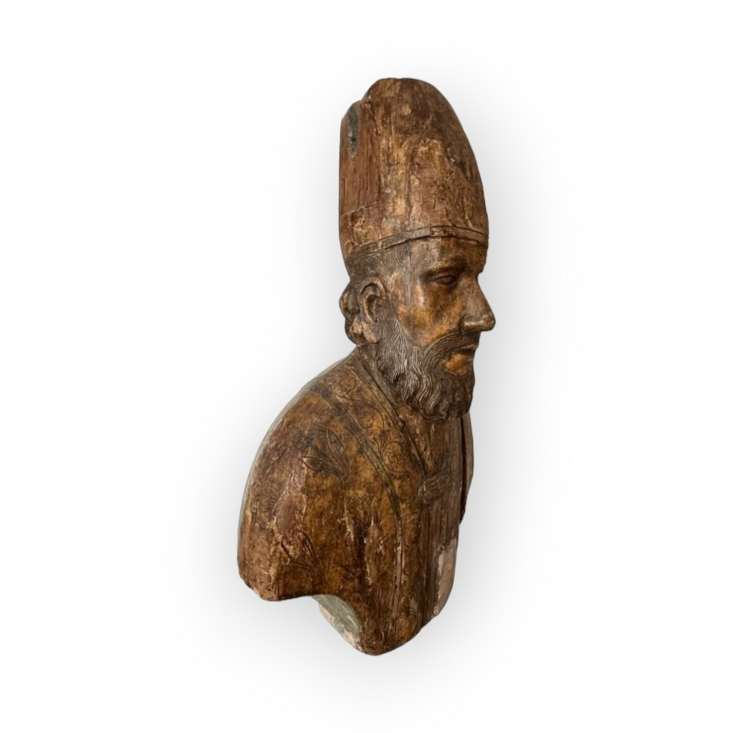 Life-size Early 17thC Italian Antique Carved Wooden Bust / Sculpture of a Bishop Saint
