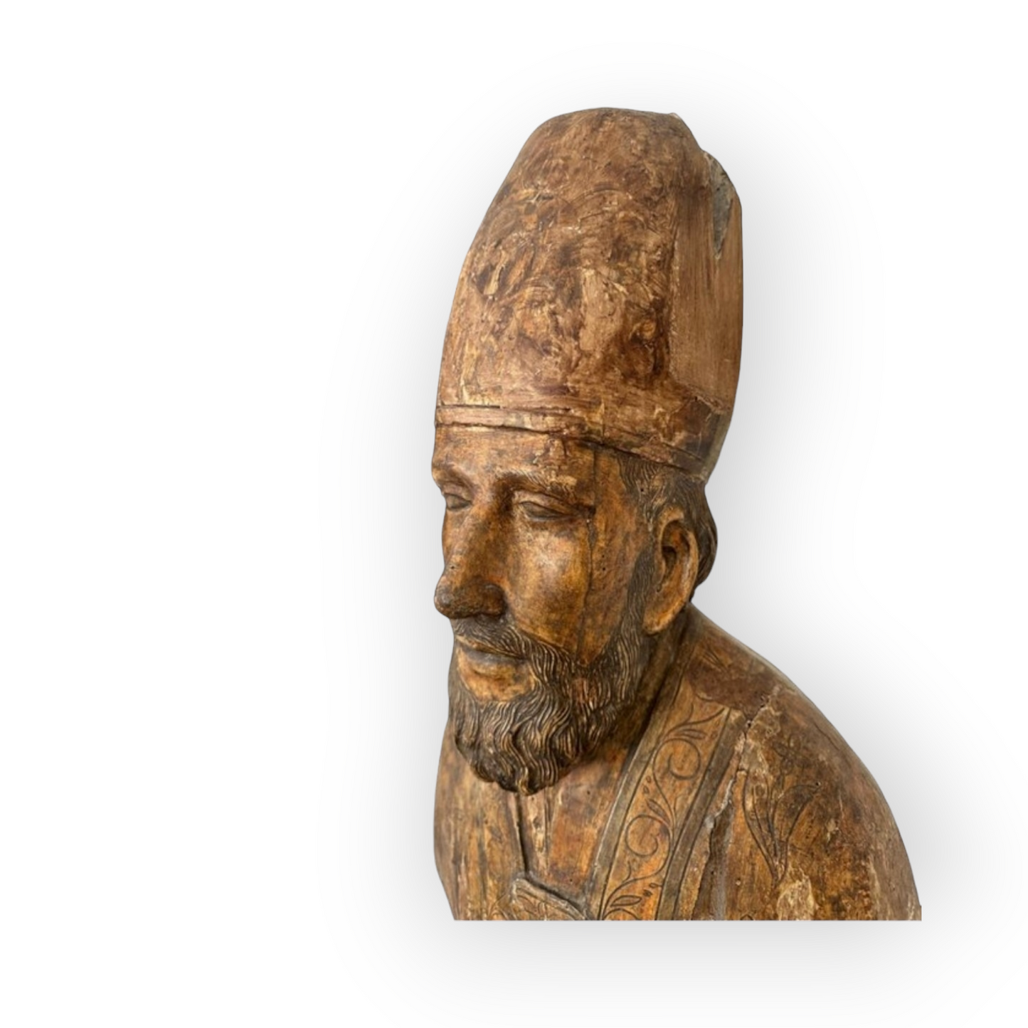 Life-size Early 17thC Italian Antique Carved Wooden Bust / Sculpture of a Bishop Saint