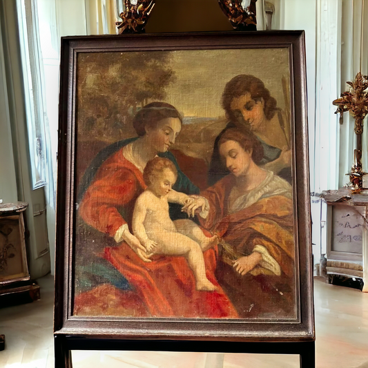 Follower of Correggio - A 16th Century Renaissance Style, 19th Century Made, Italian Antique Oil on Canvas Portrait "The Mystic Marriage of St. Catherine of Alexandria".