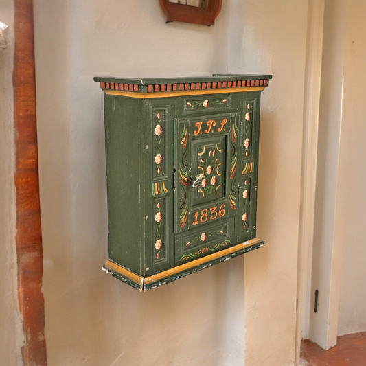 Early 19th Century Swedish Antique Folk Art Decorated Wall Cupboard of Small Proportions Dated "1836"