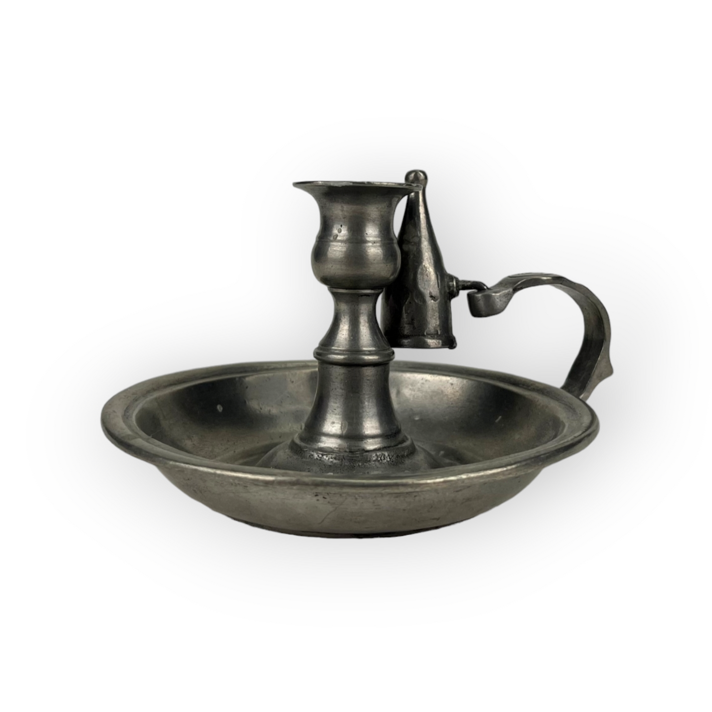 Late 18th Century Antique Pewter Chamberstick With Candle Snuffer