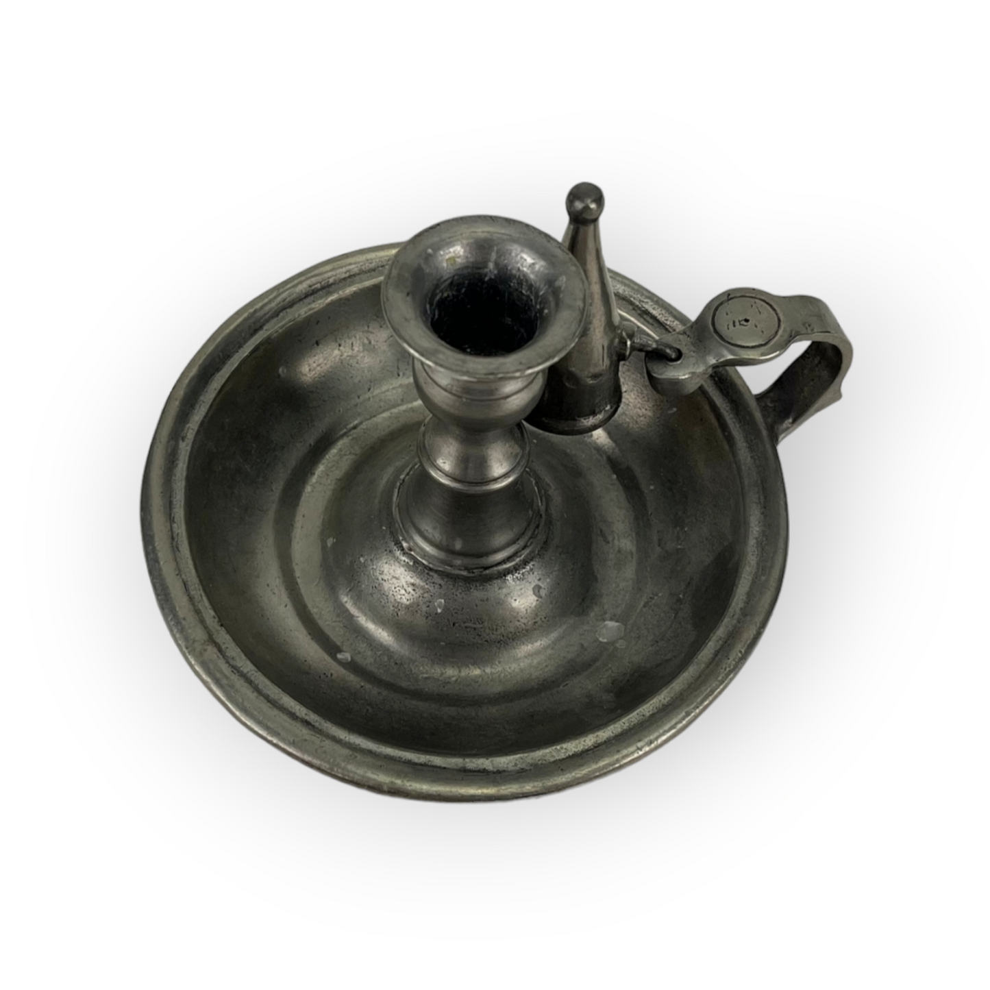 Late 18th Century Antique Pewter Chamberstick With Candle Snuffer