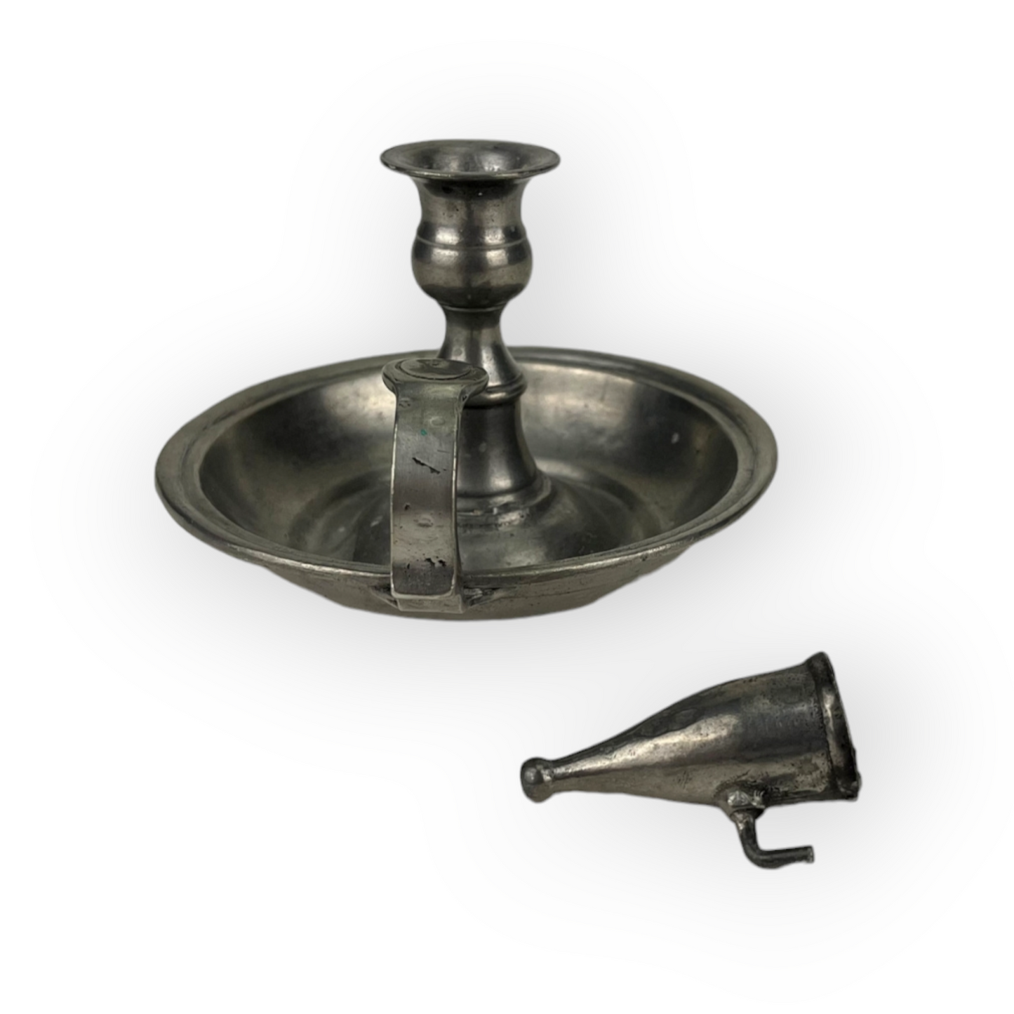 Late 18th Century Antique Pewter Chamberstick With Candle Snuffer