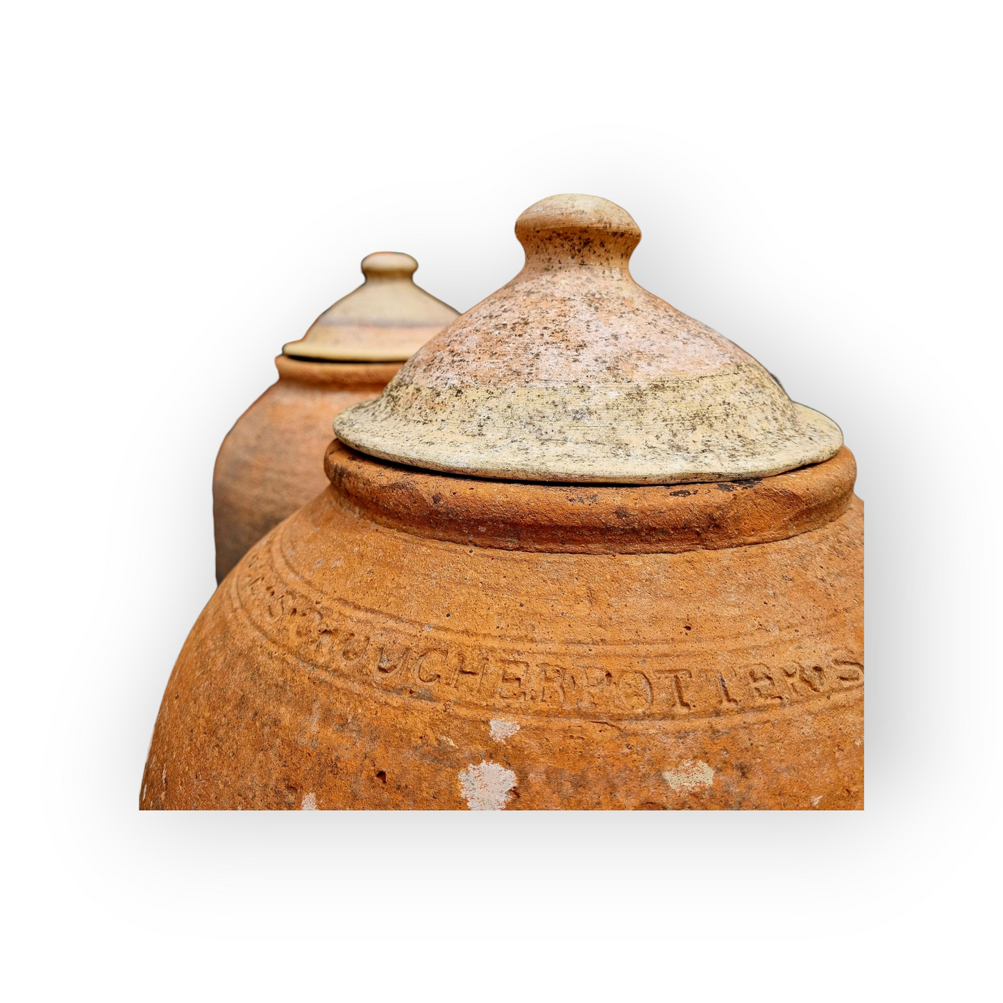 Rare Pair of Large 19th Century English Antique Terracotta Rhubarb Forcers With Lids