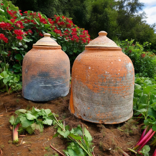Rare Pair of Large 19th Century English Antique Terracotta Rhubarb Forcers With Lids