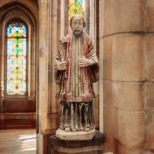 15th Century English Antique Carved Nottingham Alabaster Sculpture Of A Saint, Possibly Saint Jude