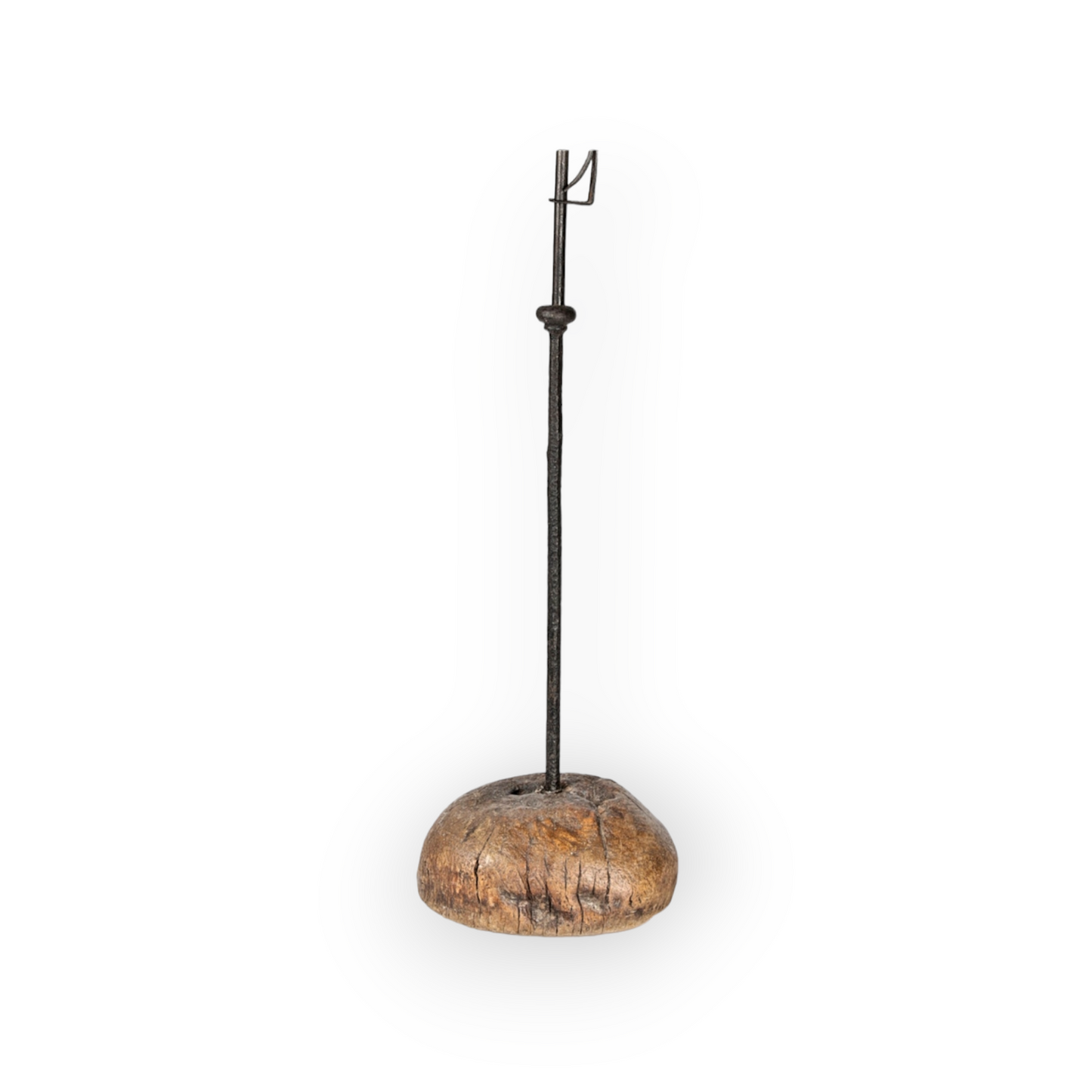 Large late 18th Century English Antique Wrought Iron Adjustable Standing Rushlight / Rushnip On Its Original Wooden Base