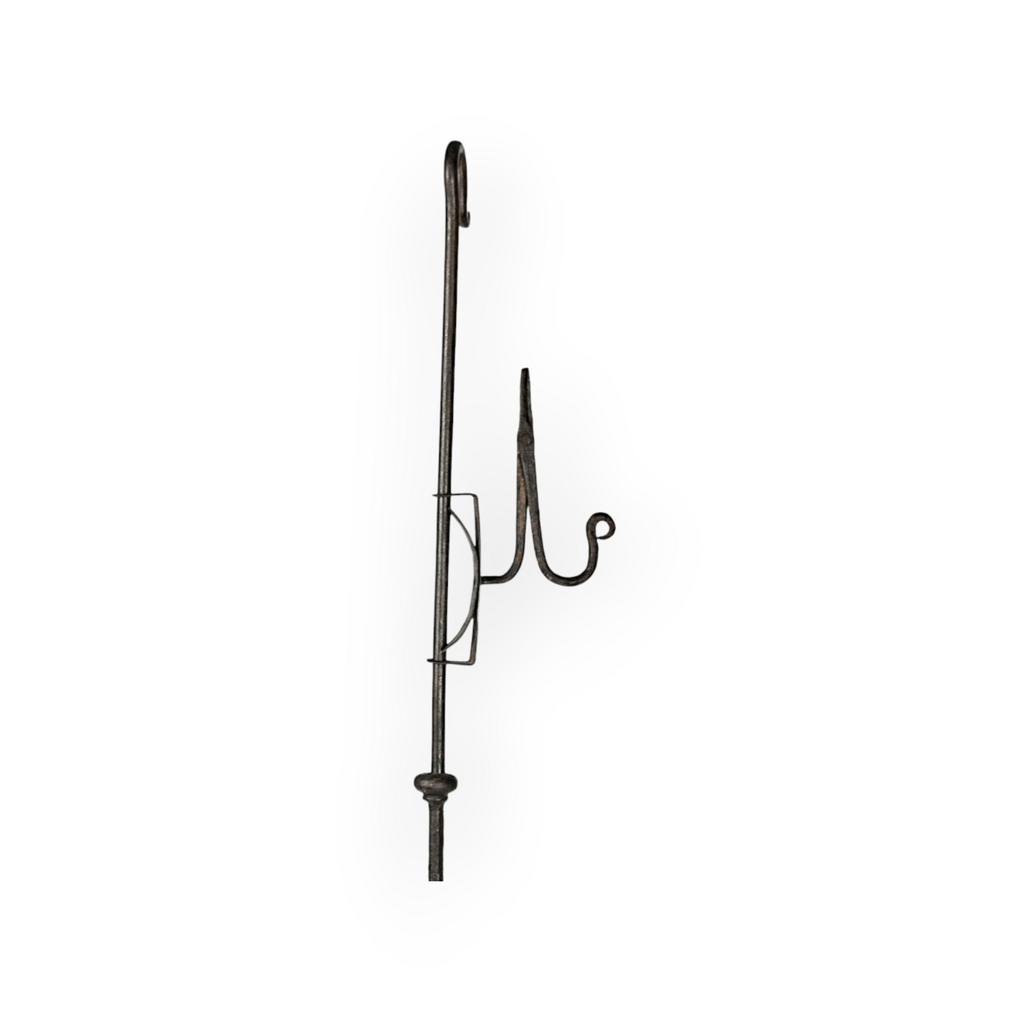 Large late 18th Century English Antique Wrought Iron Adjustable Standing Rushlight / Rushnip On Its Original Wooden Base