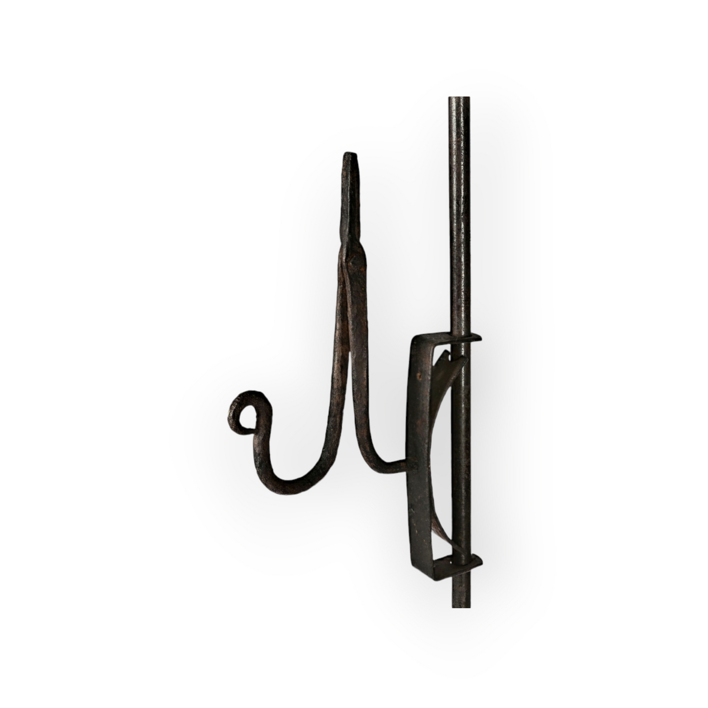 Large late 18th Century English Antique Wrought Iron Adjustable Standing Rushlight / Rushnip On Its Original Wooden Base