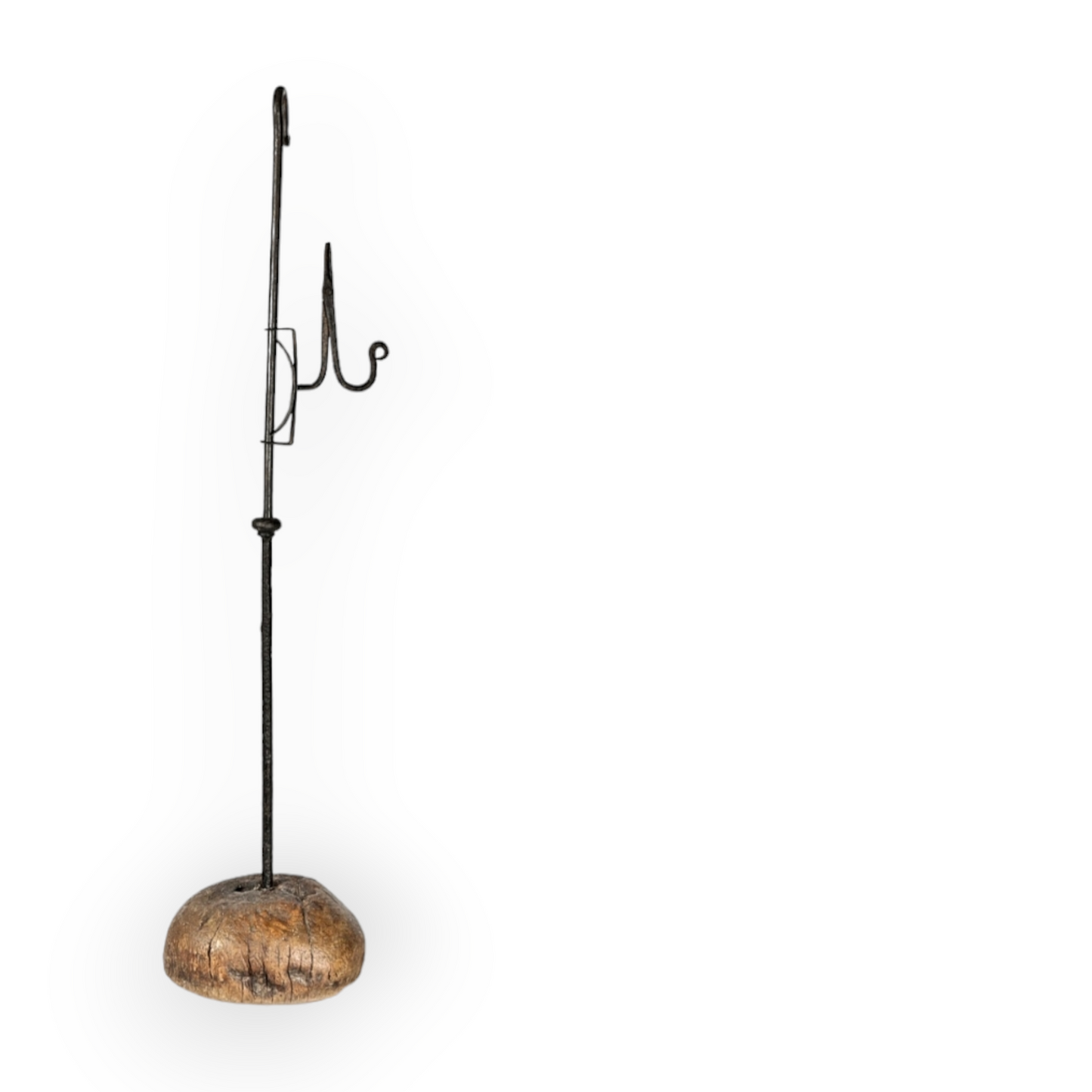 Large late 18th Century English Antique Wrought Iron Adjustable Standing Rushlight / Rushnip On Its Original Wooden Base