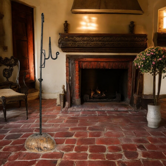 Large late 18th Century English Antique Wrought Iron Adjustable Standing Rushlight / Rushnip On Its Original Wooden Base