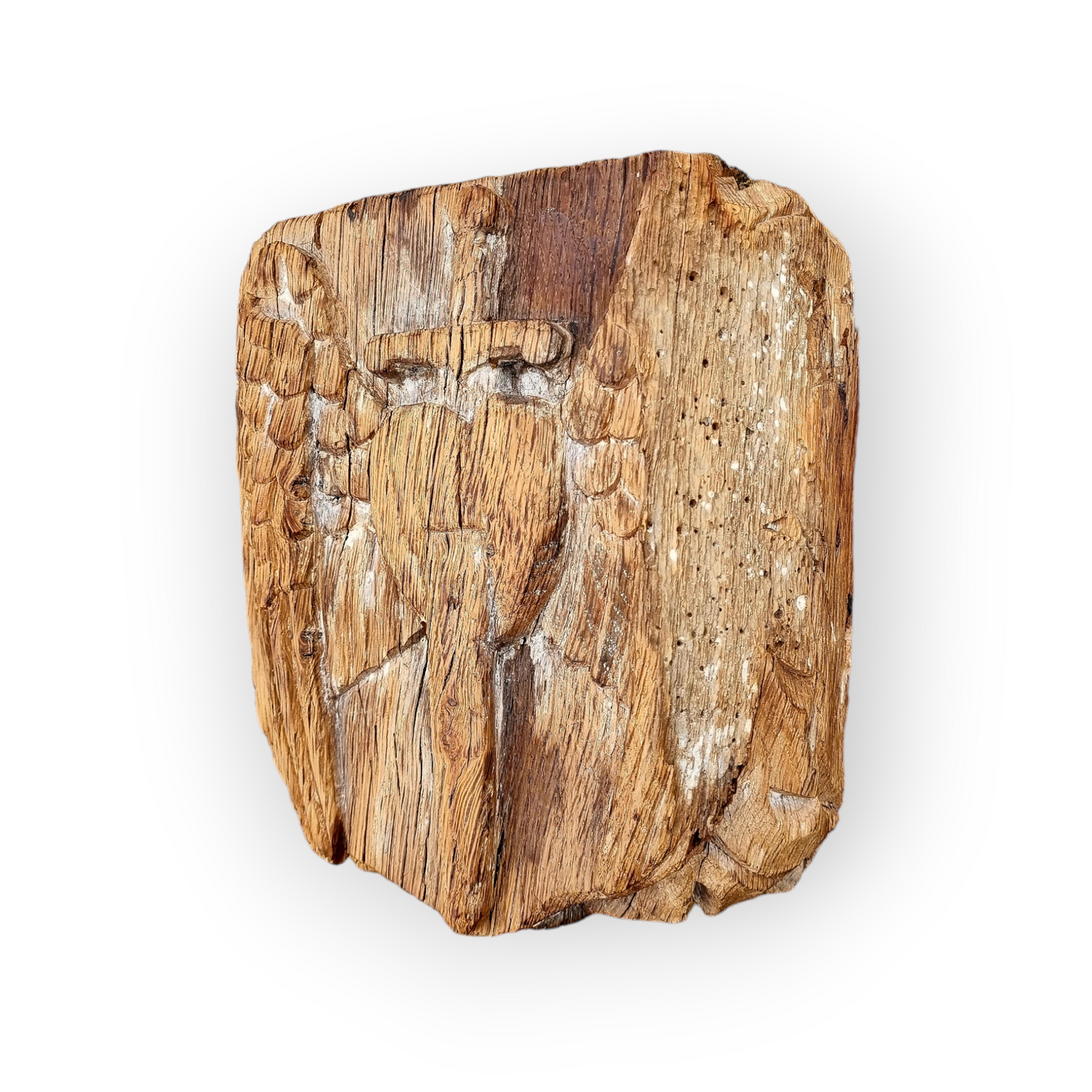 A 15th Century Antique Carved Oak Boss, Depicting Angel's Wings Flanking A Sword Piercing A Heart & With Foliate Corner Spandrels