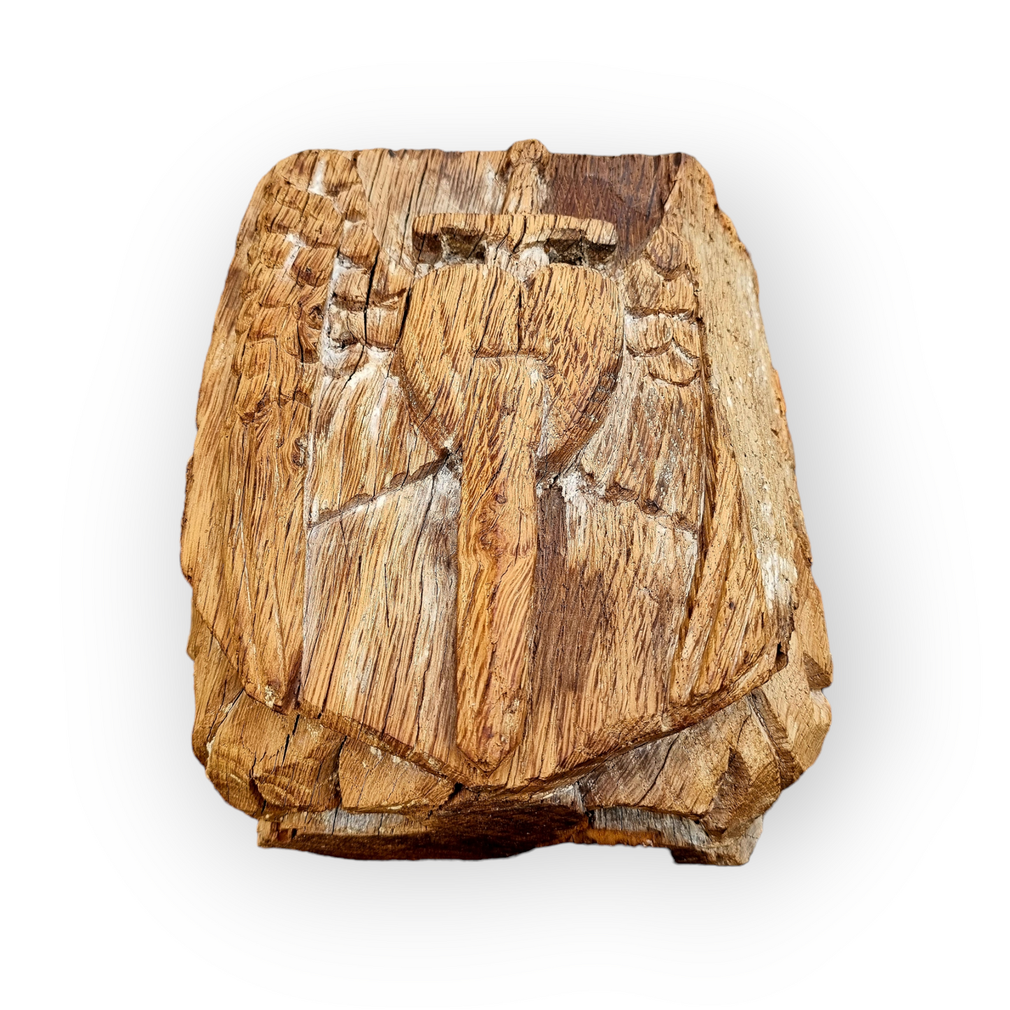 A 15th Century Antique Carved Oak Boss, Depicting Angel's Wings Flanking A Sword Piercing A Heart & With Foliate Corner Spandrels