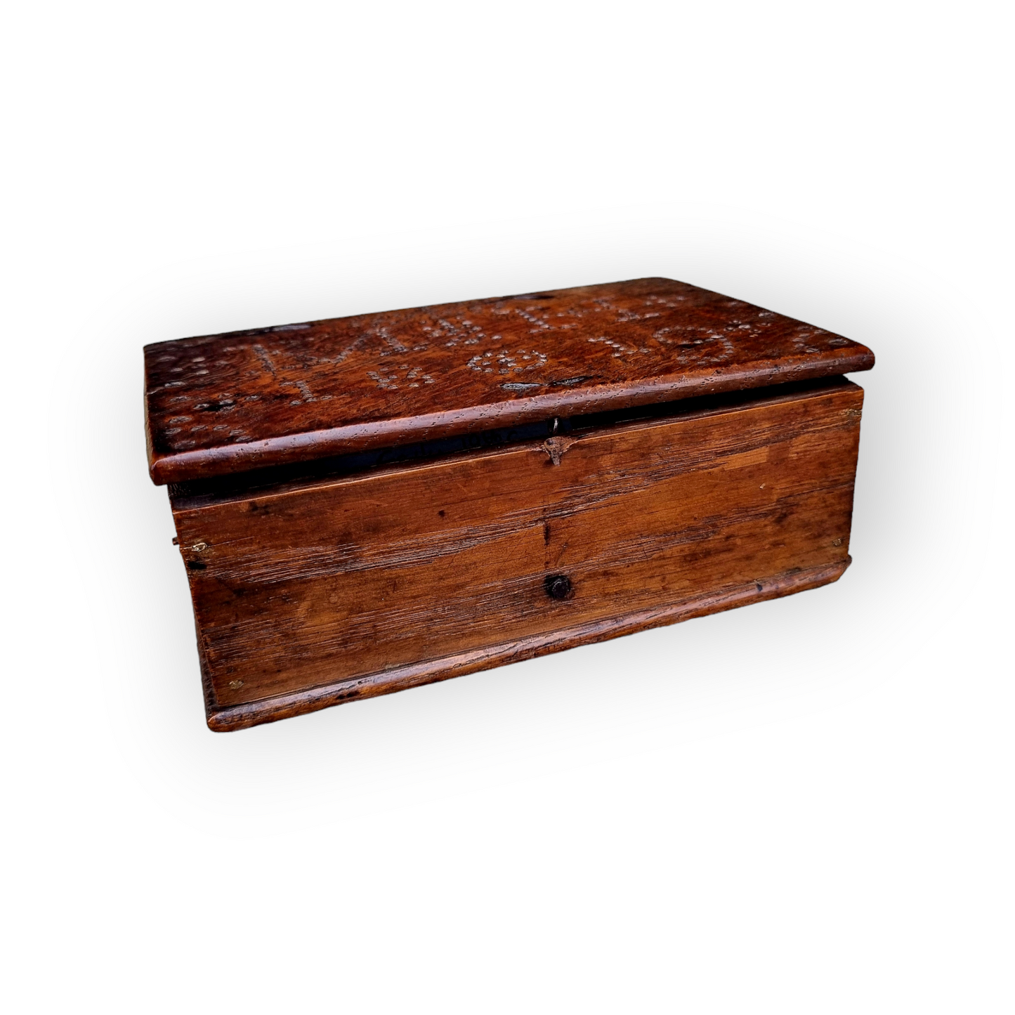 A Diminutive Early 19th-Century English/Dutch Antique Treen Box With Punchwork Decoration, Dated "1819"