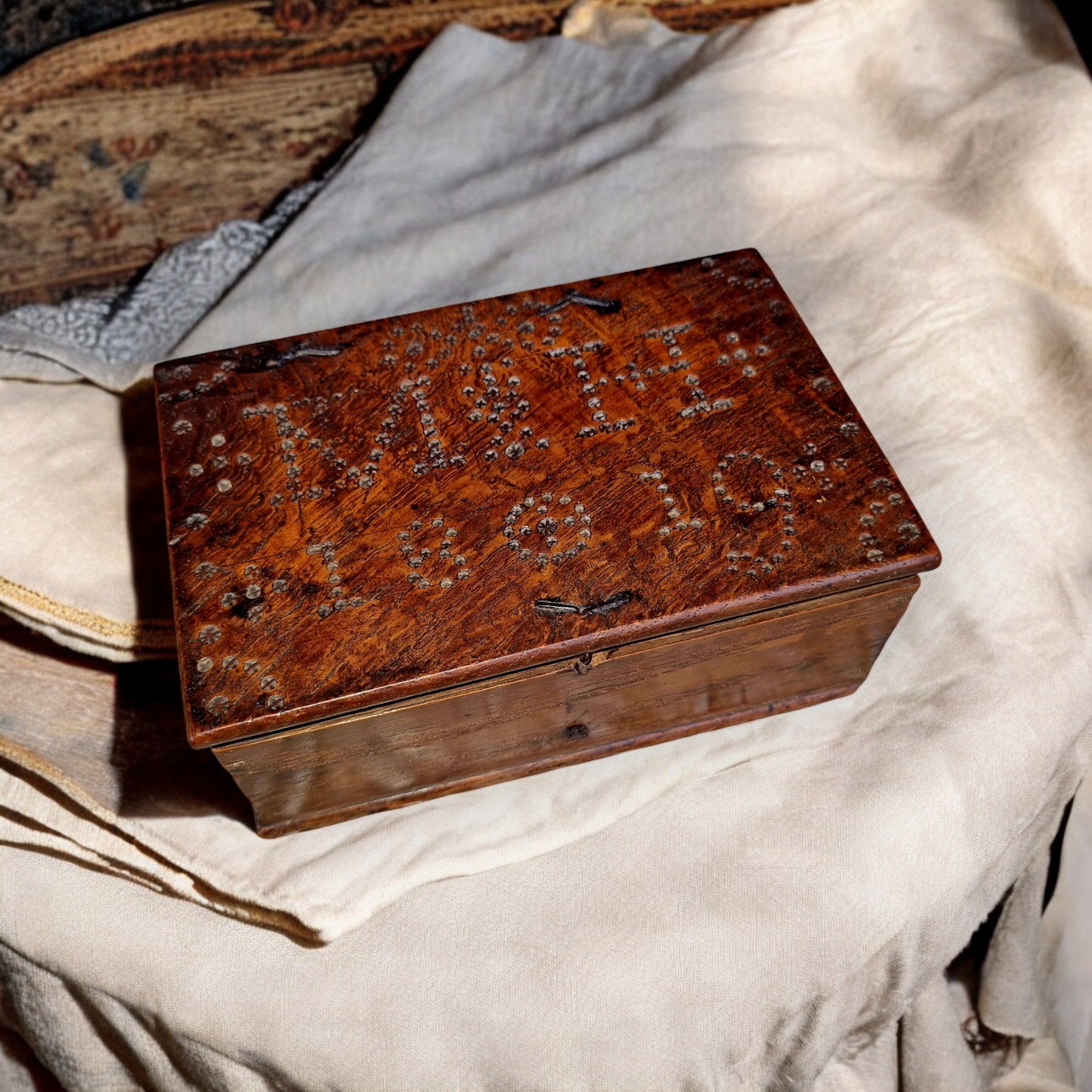 A Diminutive Early 19th-Century English/Dutch Antique Treen Box With Punchwork Decoration, Dated "1819"