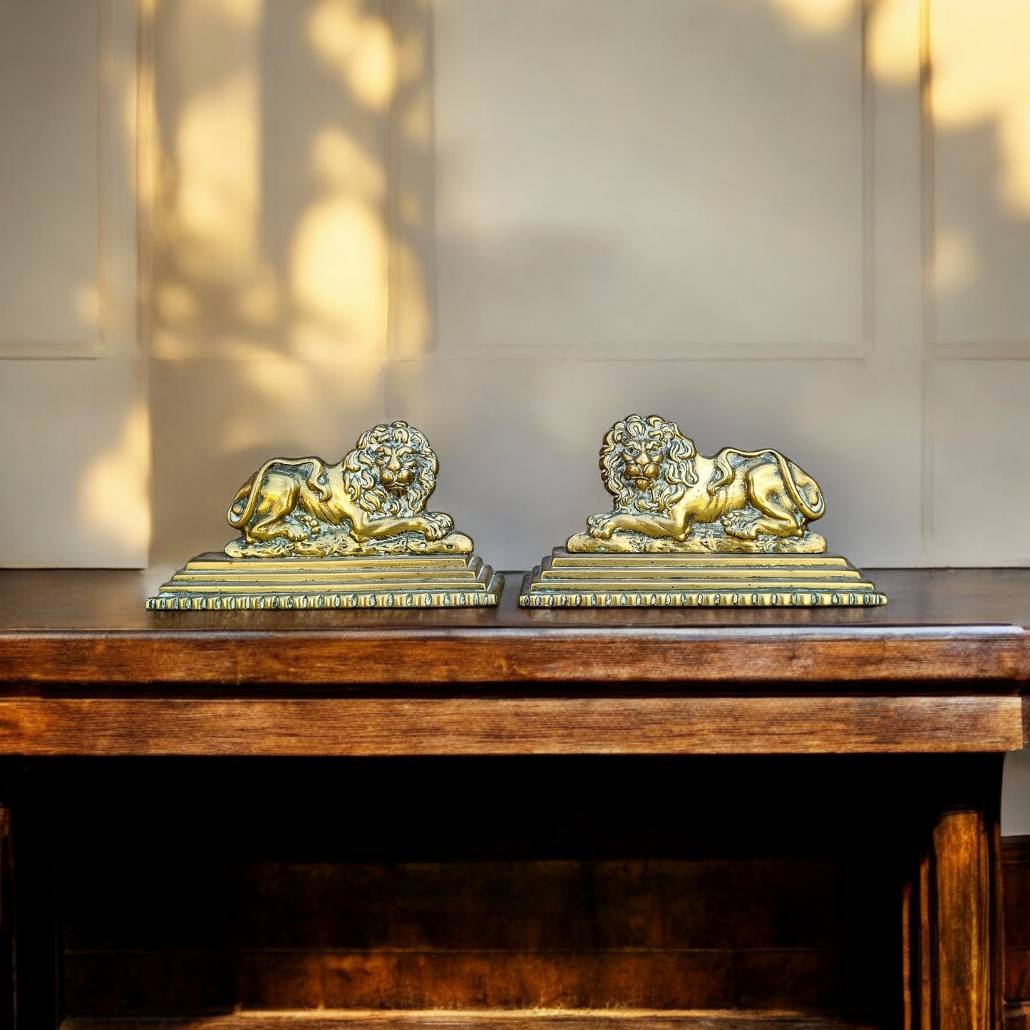 Pair of 19th Century English Antique Brass Recumbent Lions