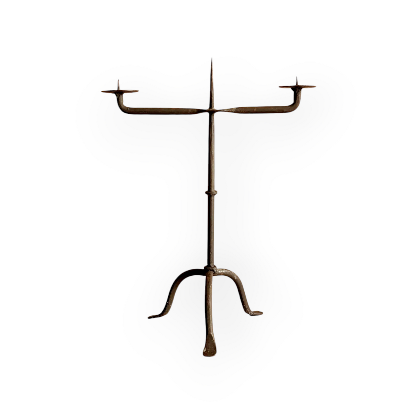 Early 19th-Century Antique Iron Two-Branch Candelabrum / Pricket Candlestick