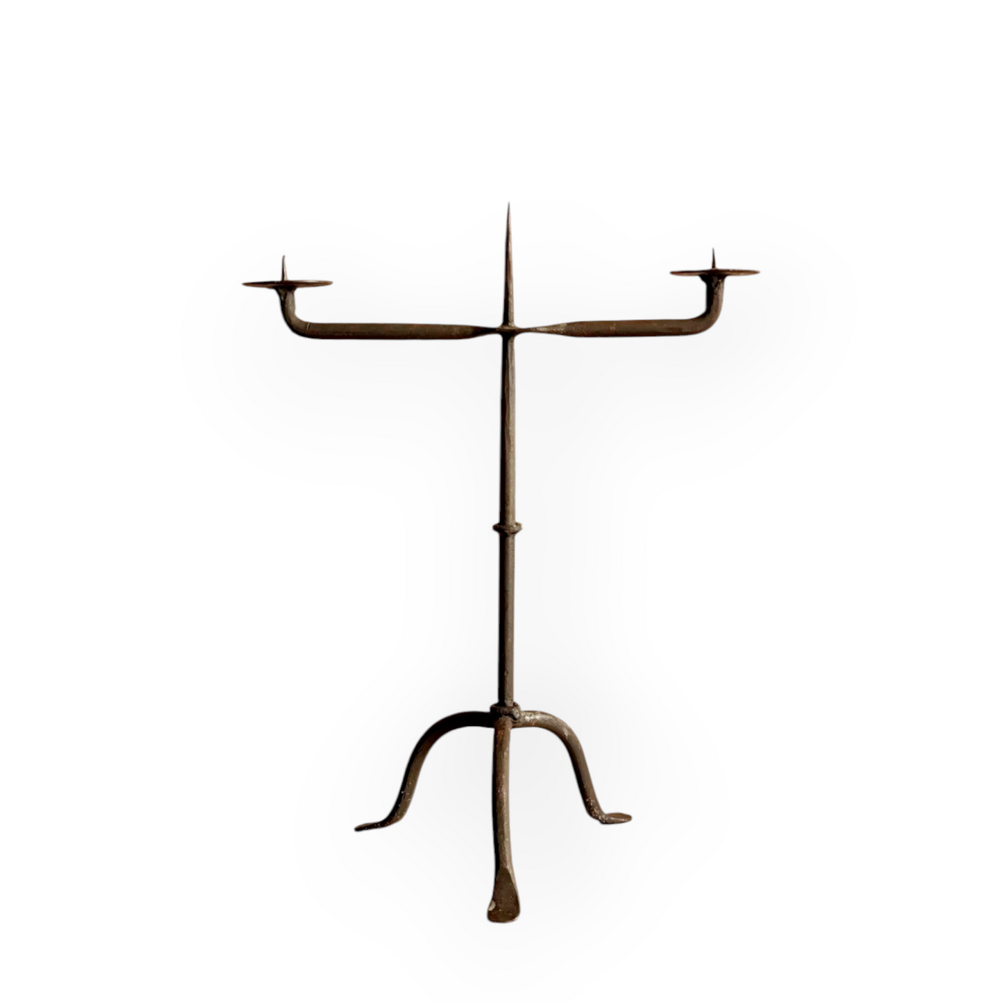 Early 19th-Century Antique Iron Two-Branch Candelabrum / Pricket Candlestick