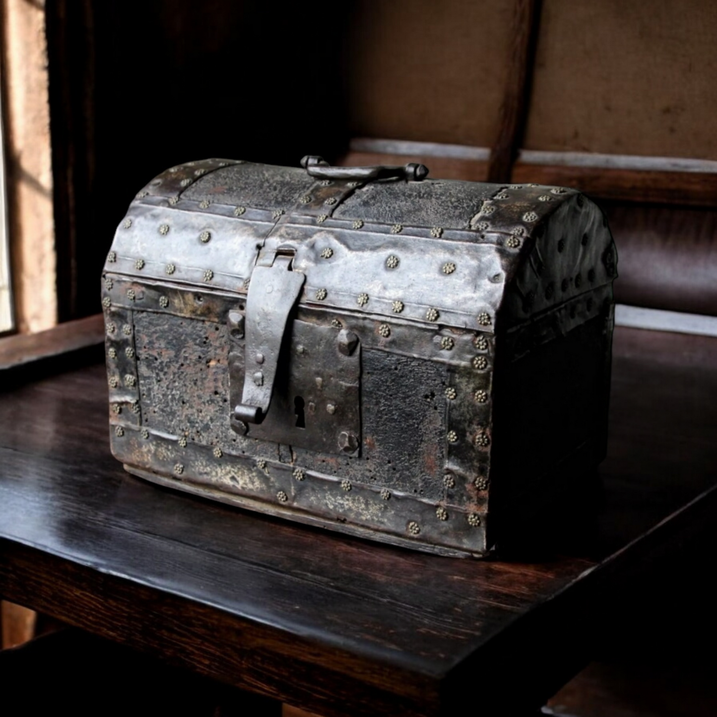 Diminutive 16th-Century Antique Leather Clad Table Casket / Coffret