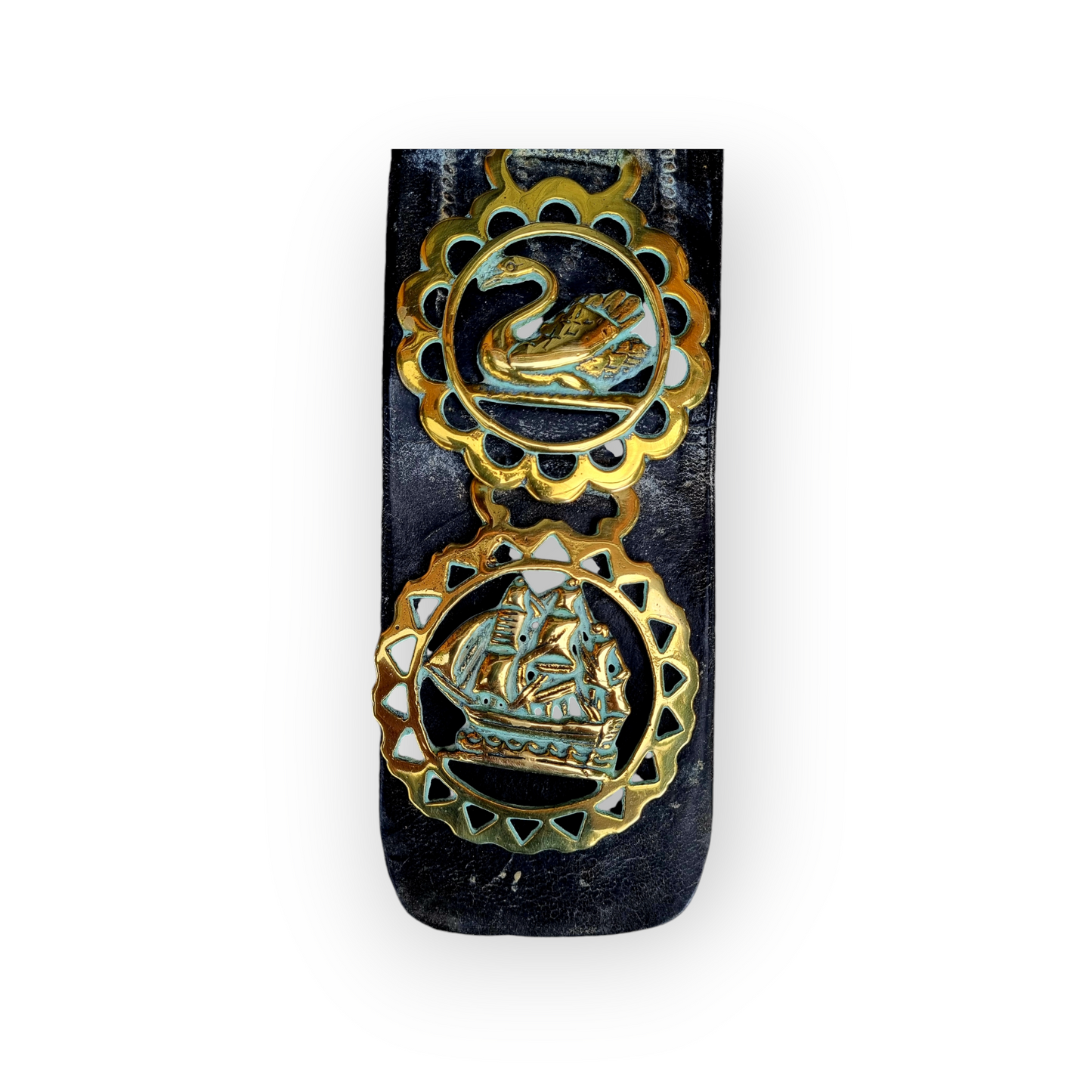 Four 19th-Century English Antique Horsebrasses, Original Antique Leather Martingale & Associated Items