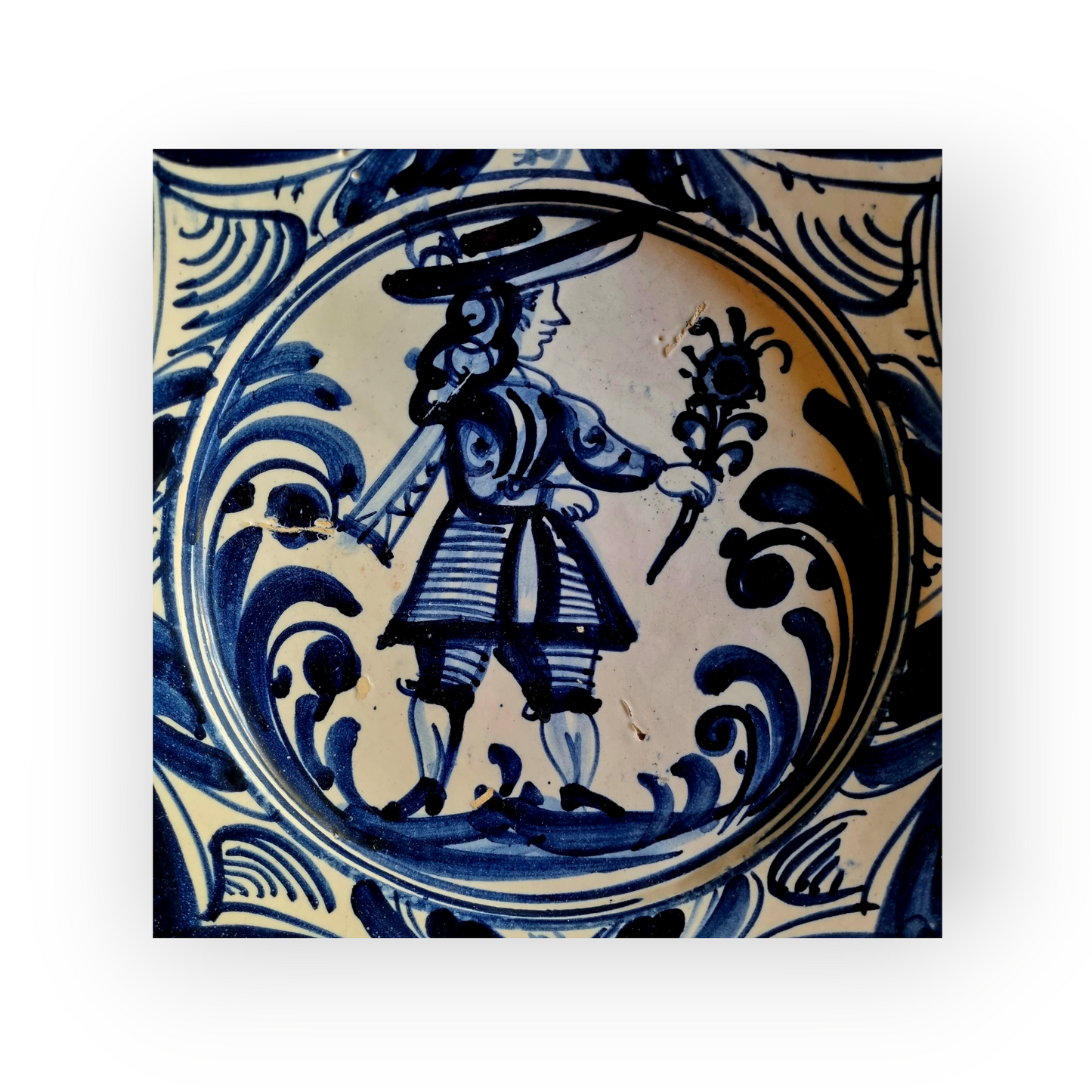 17th-Century Spanish Antique "La Corbata" Tin-Glazed Earthenware Blue & White Dish
