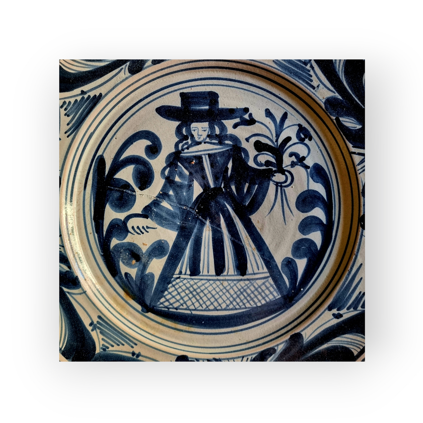 Large 17th-Century Spanish Antique "La Corbata" Tin-Glazed Earthenware Blue & White Charger