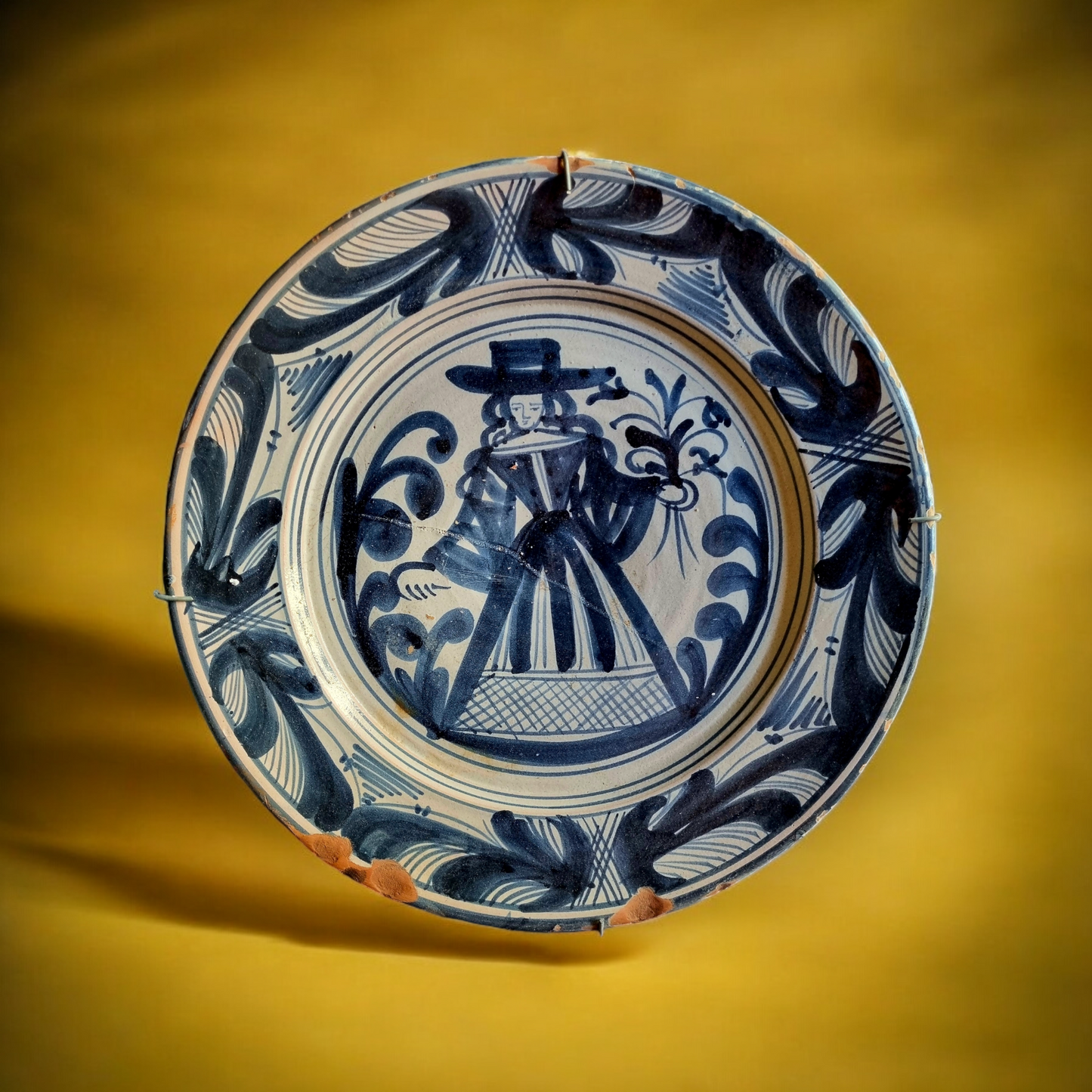 Large 17th-Century Spanish Antique "La Corbata" Tin-Glazed Earthenware Blue & White Charger