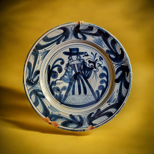 Large 17th-Century Spanish Antique "La Corbata" Tin-Glazed Earthenware Blue & White Charger