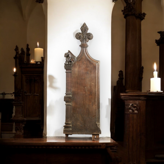 Ex Great St. Mary's Church, Cambridge - A Fine 16th Century Style, Mid-19th Century Made, English Antique Carved Oak Church Pew End with Poppy Finial and Dragon-Carved Elbow