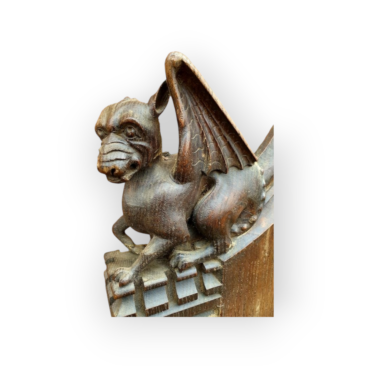 Ex Great St. Mary's Church, Cambridge - A Fine 16th Century Style, Mid-19th Century Made, English Antique Carved Oak Church Pew End with Poppy Finial and Dragon-Carved Elbow