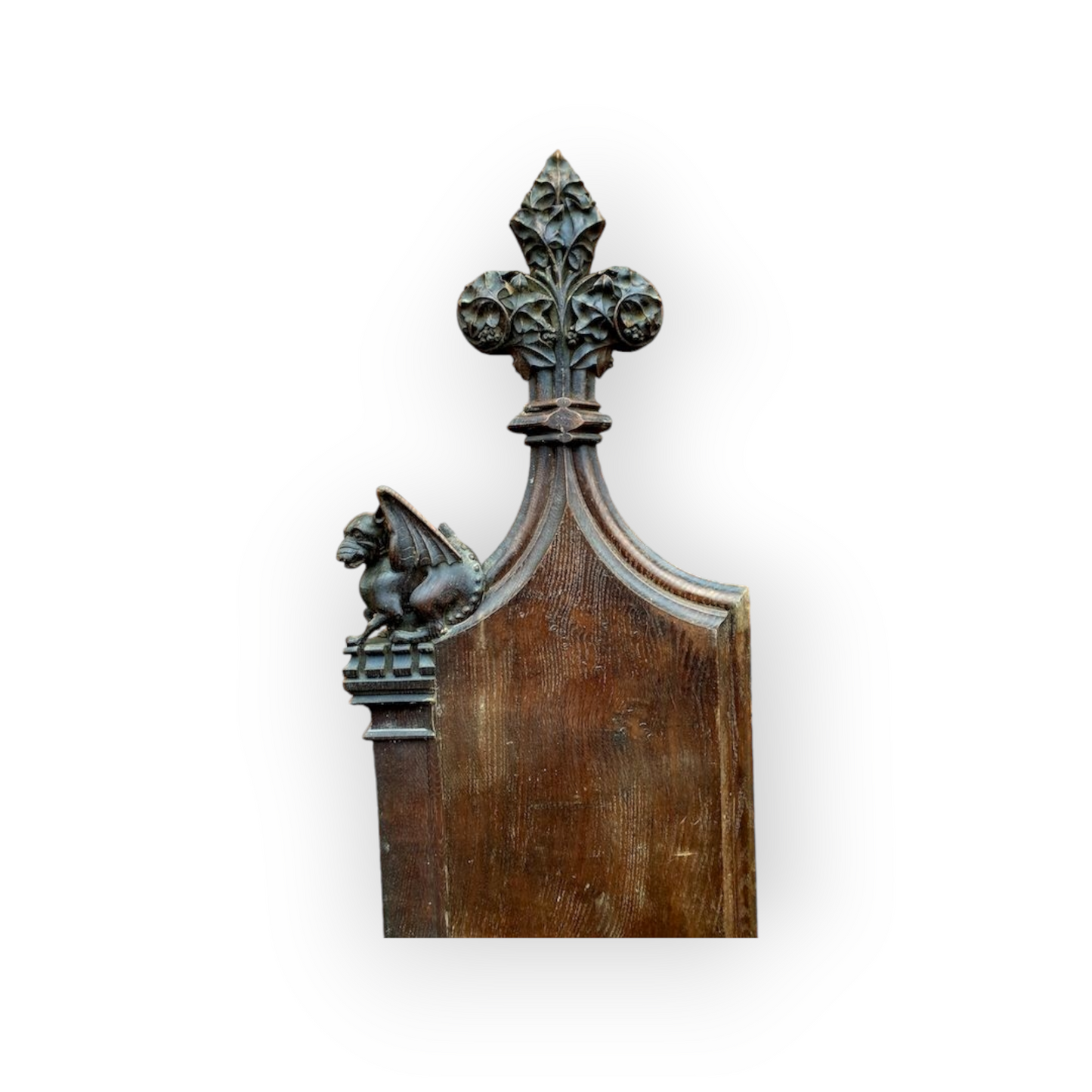 Ex Great St. Mary's Church, Cambridge - A Fine 16th Century Style, Mid-19th Century Made, English Antique Carved Oak Church Pew End with Poppy Finial and Dragon-Carved Elbow
