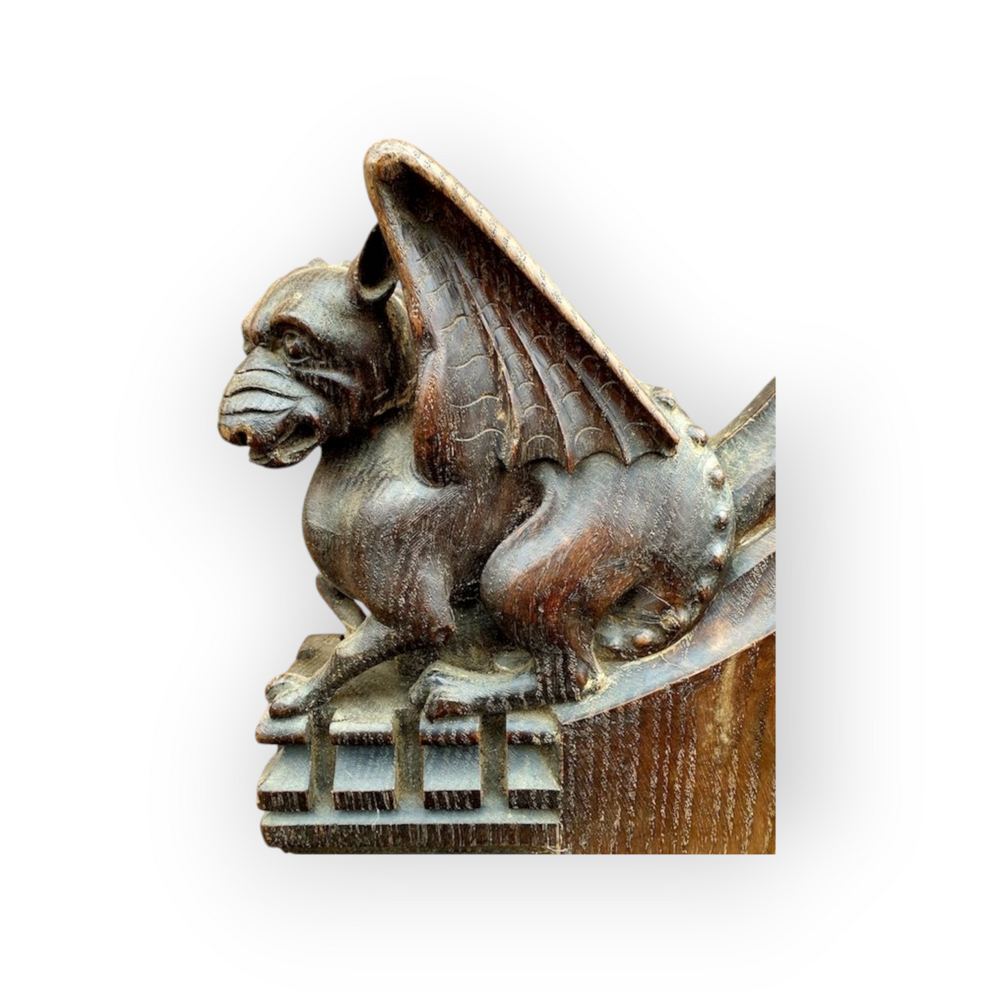 Ex Great St. Mary's Church, Cambridge - A Fine 16th Century Style, Mid-19th Century Made, English Antique Carved Oak Church Pew End with Poppy Finial and Dragon-Carved Elbow
