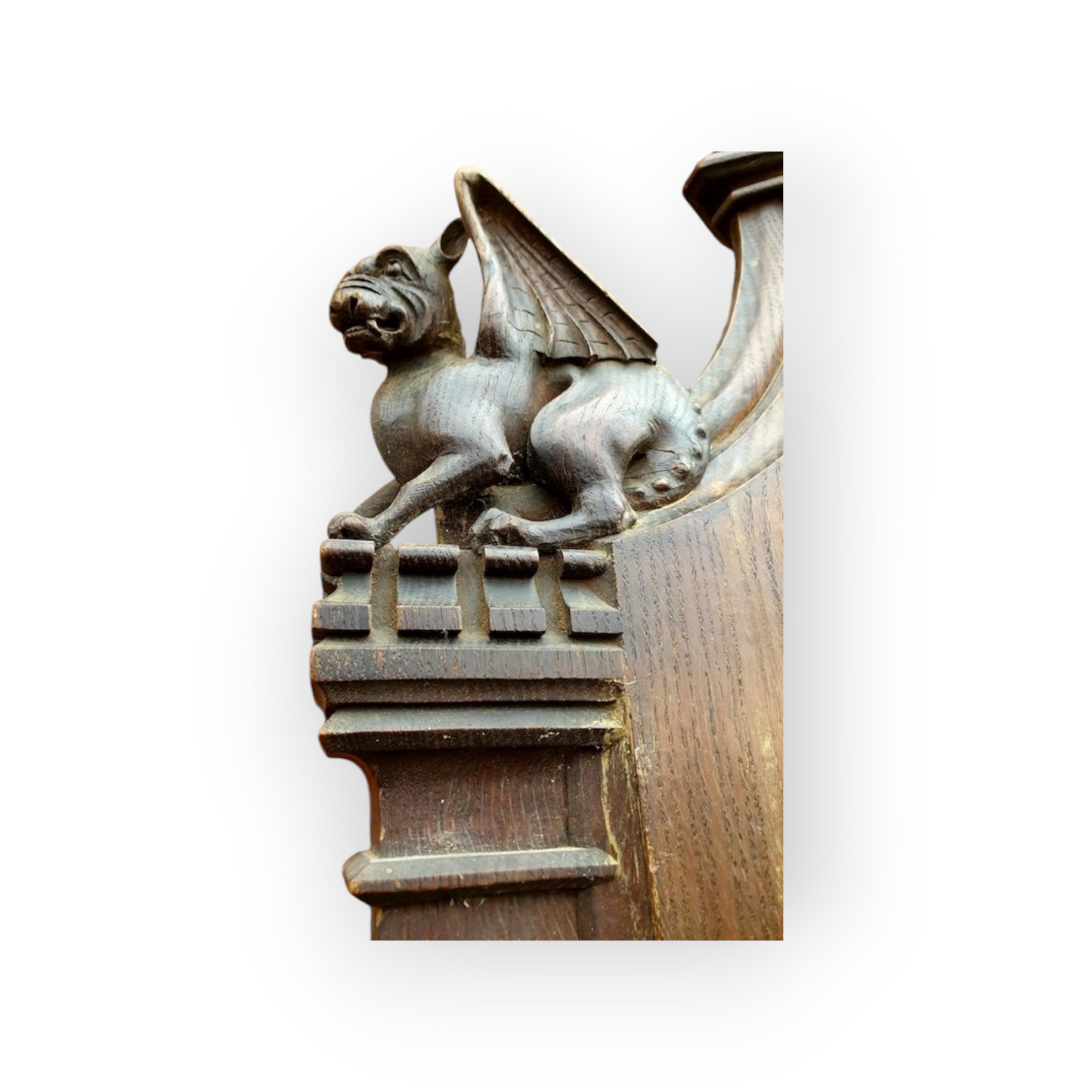 Ex Great St. Mary's Church, Cambridge - A Fine 16th Century Style, Mid-19th Century Made, English Antique Carved Oak Church Pew End with Poppy Finial and Dragon-Carved Elbow