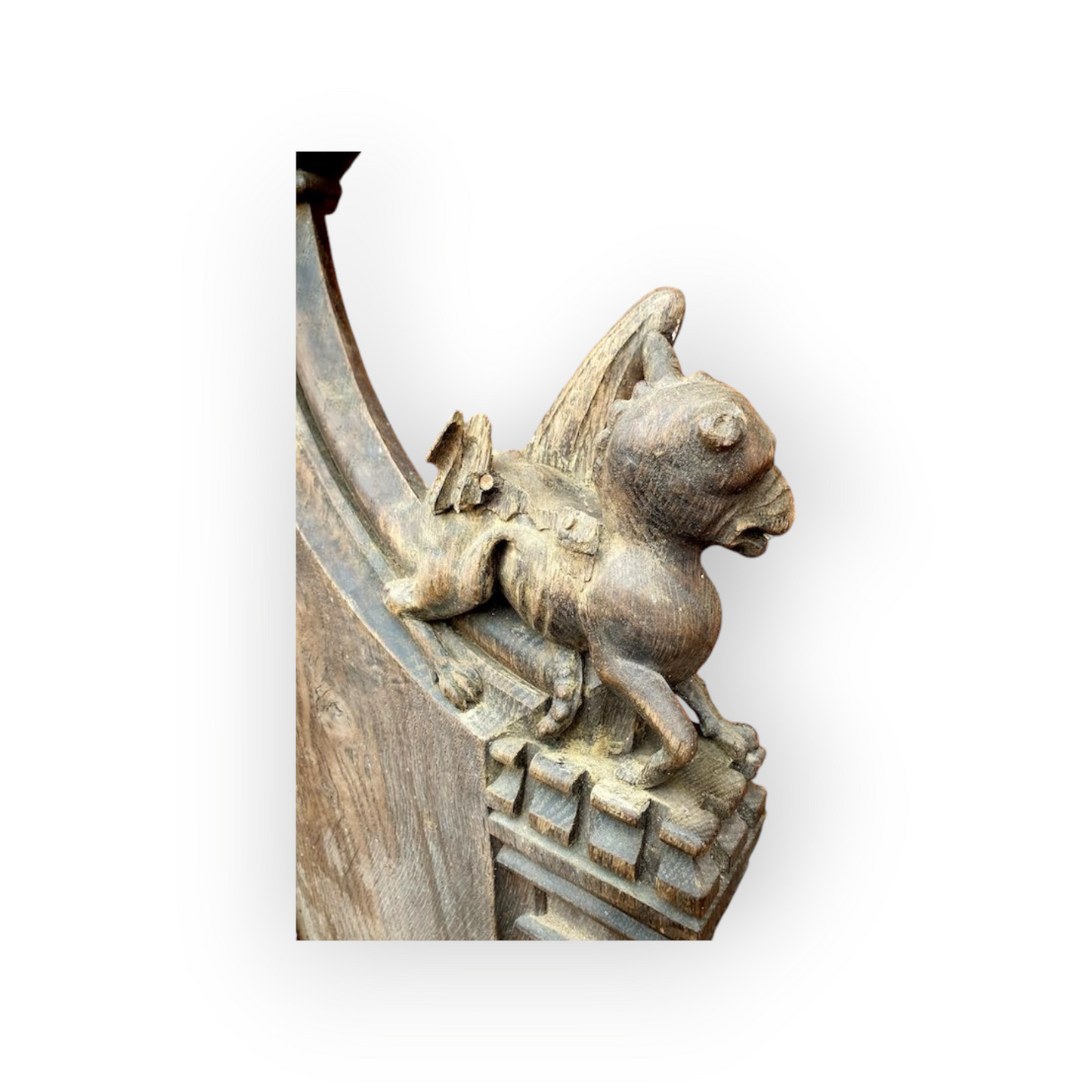 Ex Great St. Mary's Church, Cambridge - A Fine 16th Century Style, Mid-19th Century Made, English Antique Carved Oak Church Pew End with Poppy Finial and Dragon-Carved Elbow