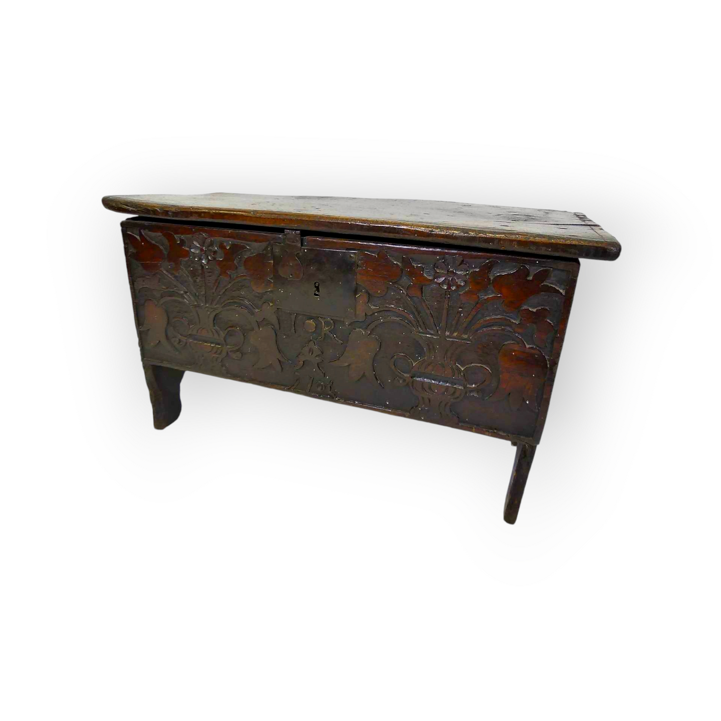 Diminutive Early 17th-Century English Antique Oak Six Plank Coffer Later Inscribed "IR 1705"