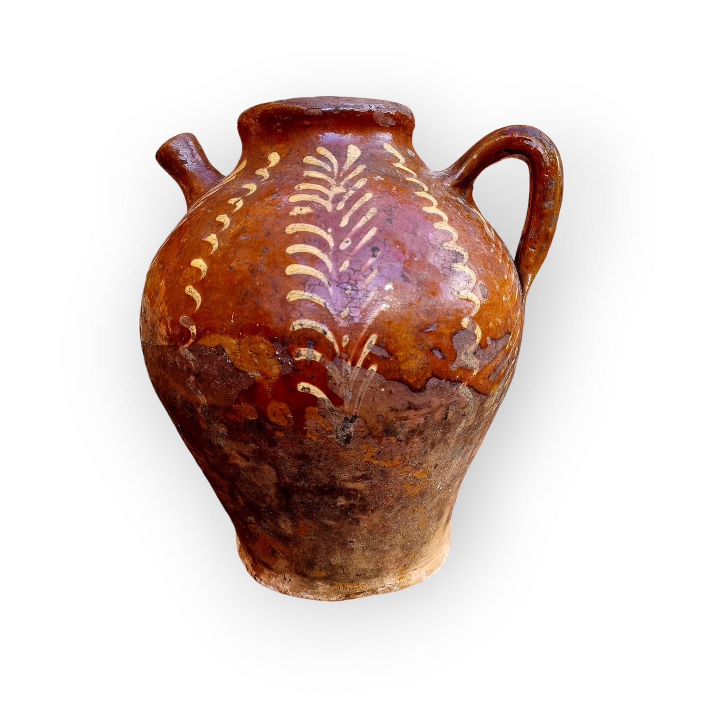 Rustic Early 19th-Century French Antique Slipware Olive Oil / Walnut Oil Jug