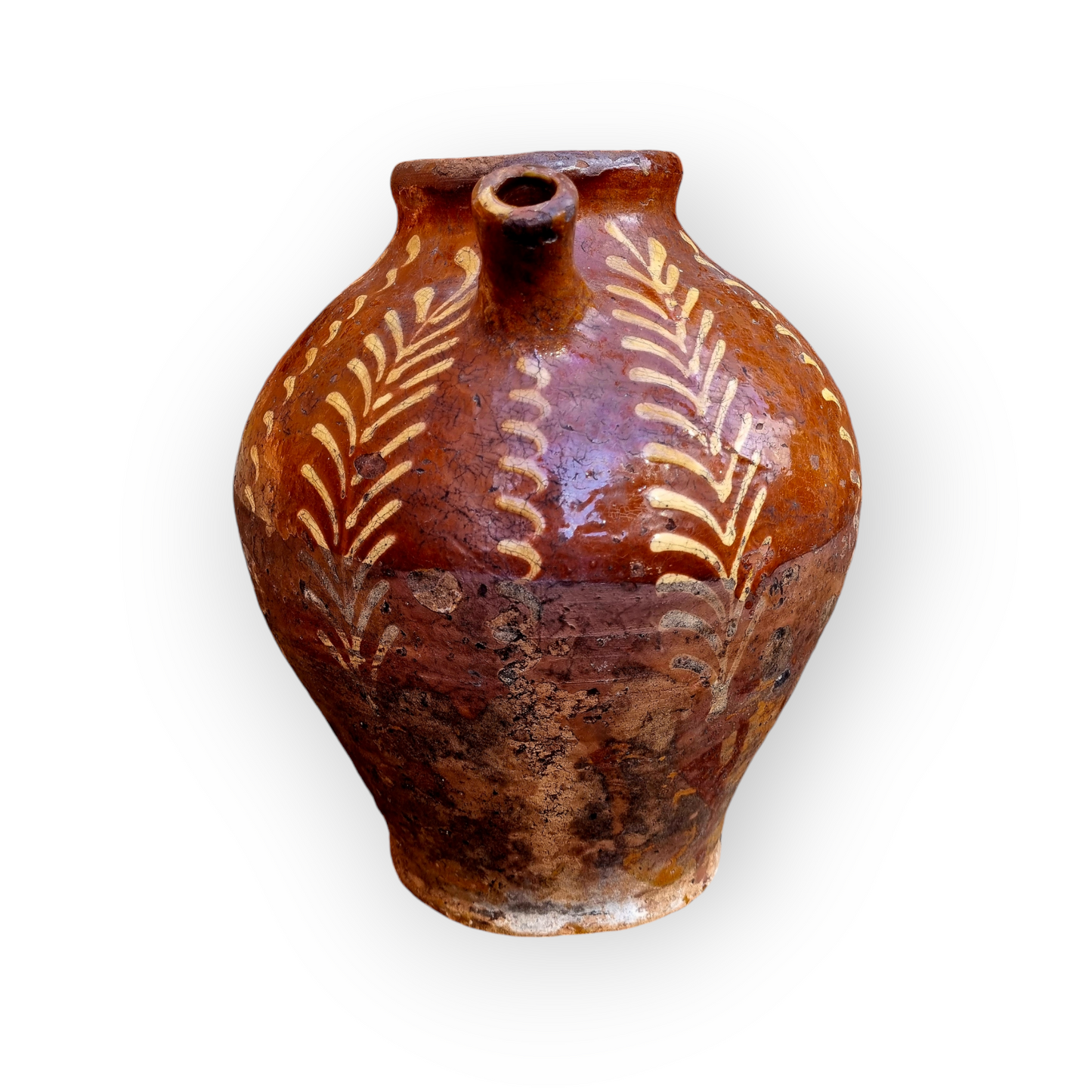 Rustic Early 19th-Century French Antique Slipware Olive Oil / Walnut Oil Jug