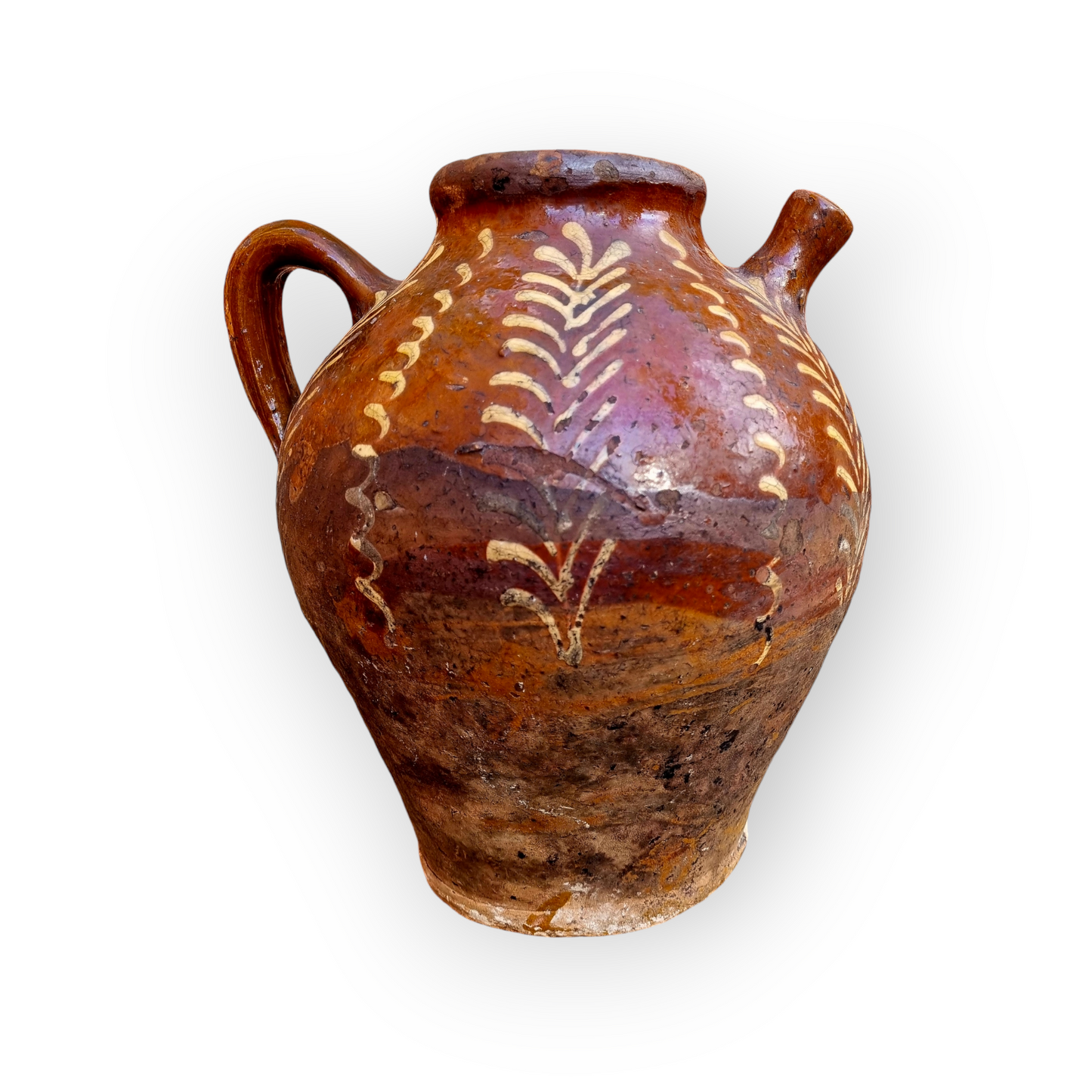 Rustic Early 19th-Century French Antique Slipware Olive Oil / Walnut Oil Jug