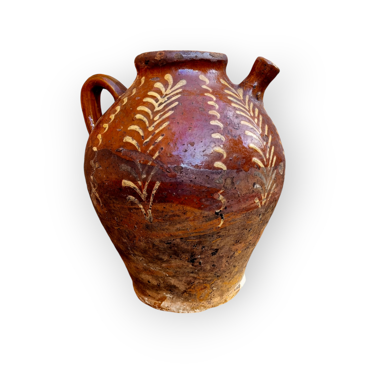 Rustic Early 19th-Century French Antique Slipware Olive Oil / Walnut Oil Jug