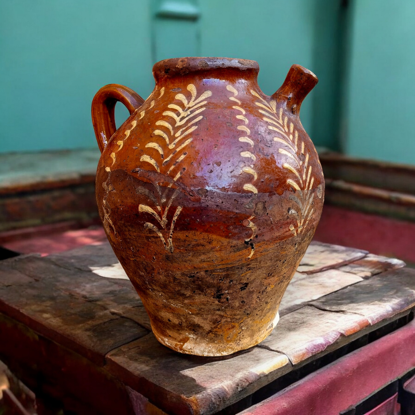 Rustic Early 19th-Century French Antique Slipware Olive Oil / Walnut Oil Jug