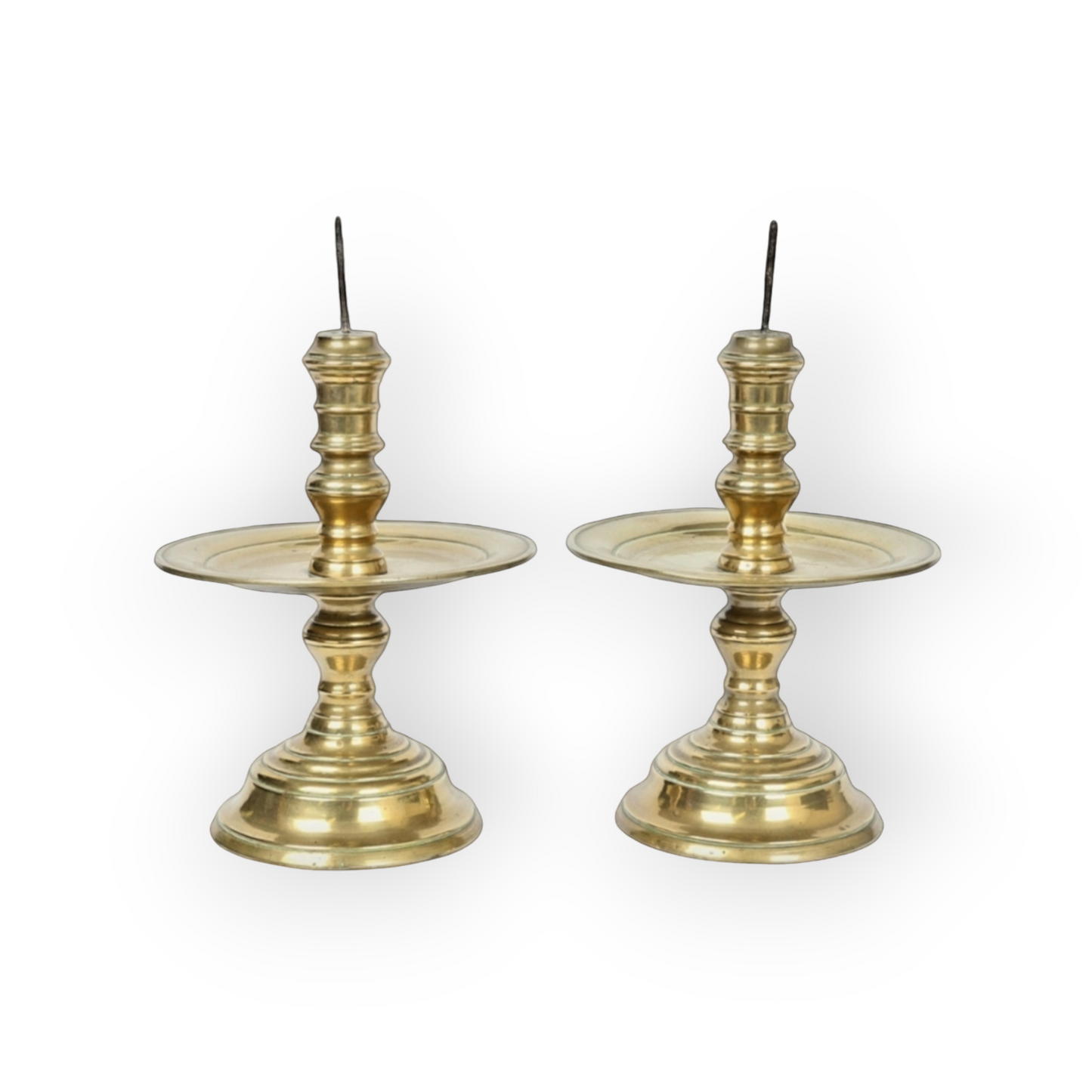 A Pair of 17th-Century Dutch Antique Brass Pricket Candlesticks