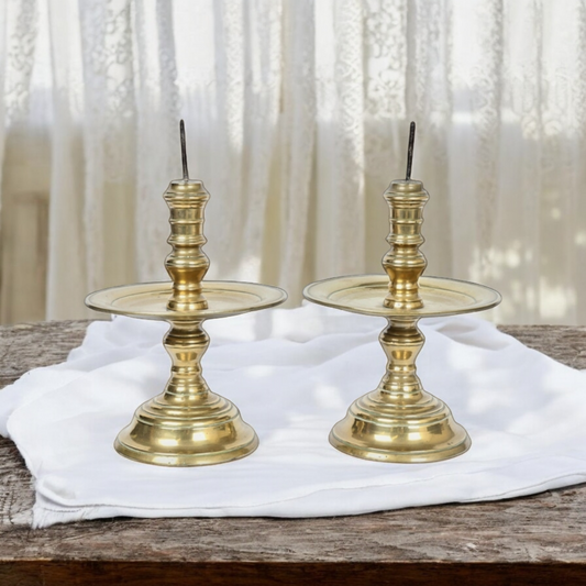 A Pair of 17th-Century Dutch Antique Brass Pricket Candlesticks
