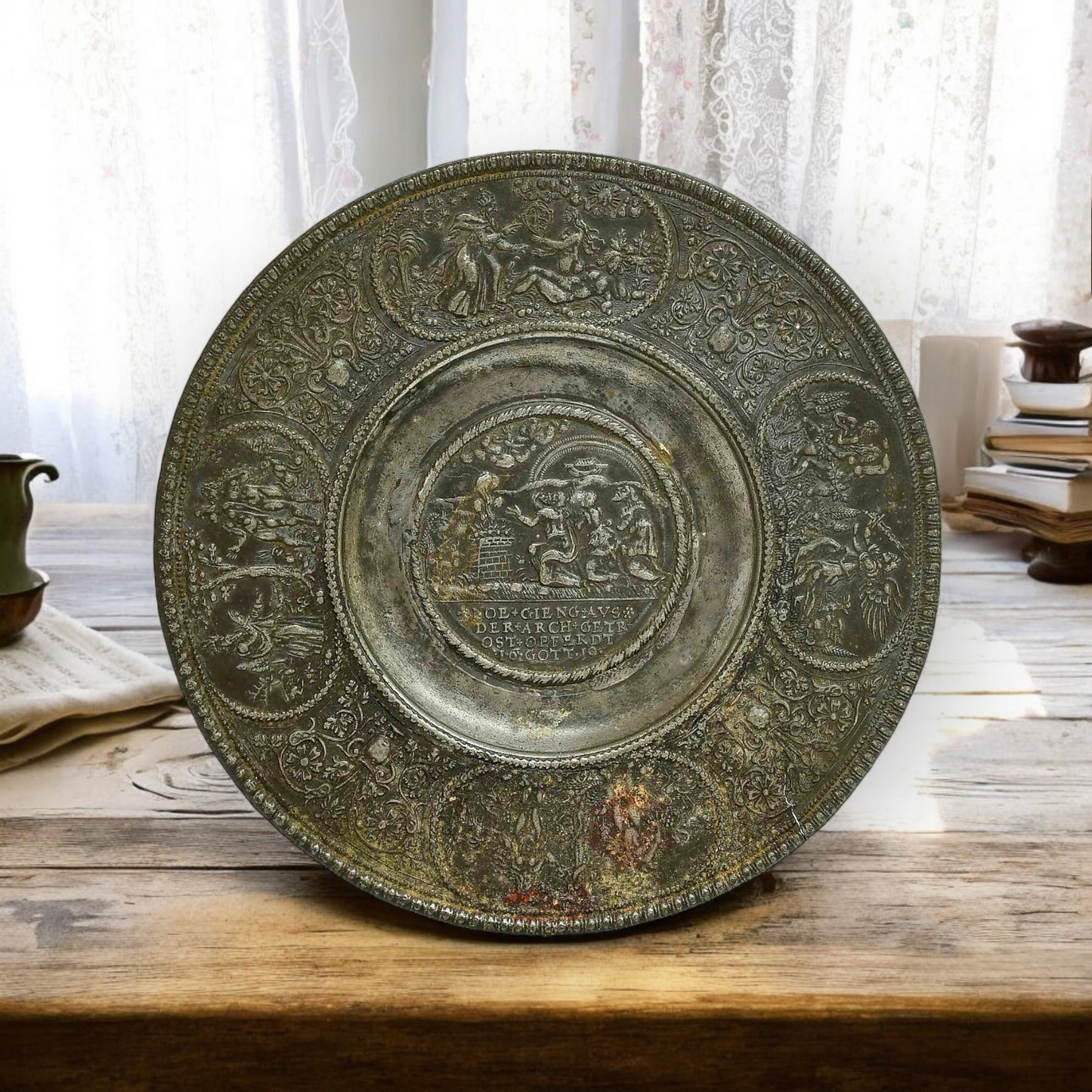 After Two Similar Examples Held in The Metropolitan Museum Collection - A 17th Century Antique Pewter "Noah" Plate, attributed to Nuremberg, Germany
